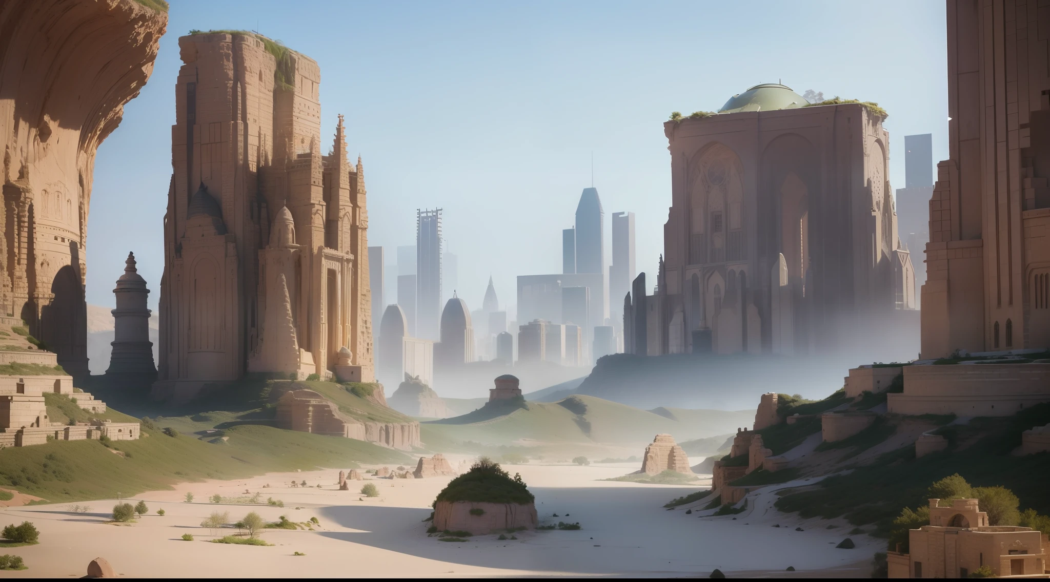 city made of stone, desert environment, Prehistory, impressive maximalist design, lots of light, hyper-realistic surrealism, award-winning masterpiece with incredible detail, extremely detailed, rigid, refraction, surface depth of field, volumetric light and shadow, ray tracing, light rays, 8K, in the style of the movie Forbidden Planet