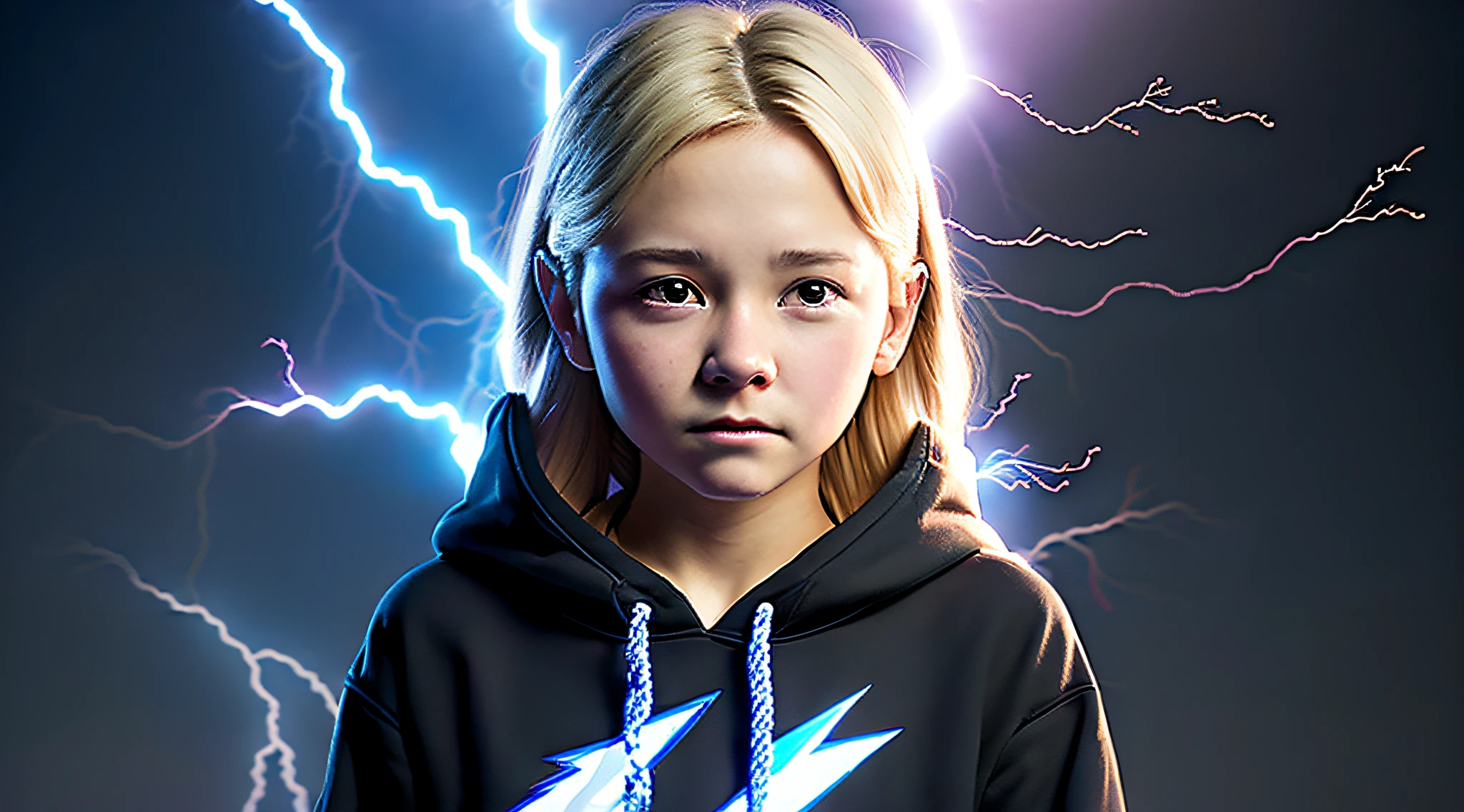 12 year old blonde girl, a portrait, wearing a black hoodie and letting out lightning bolts with her fingers, real UHD, real life, masterpiece, ccurate, textured skin, super detail, best quality, high quality, high details, 4K