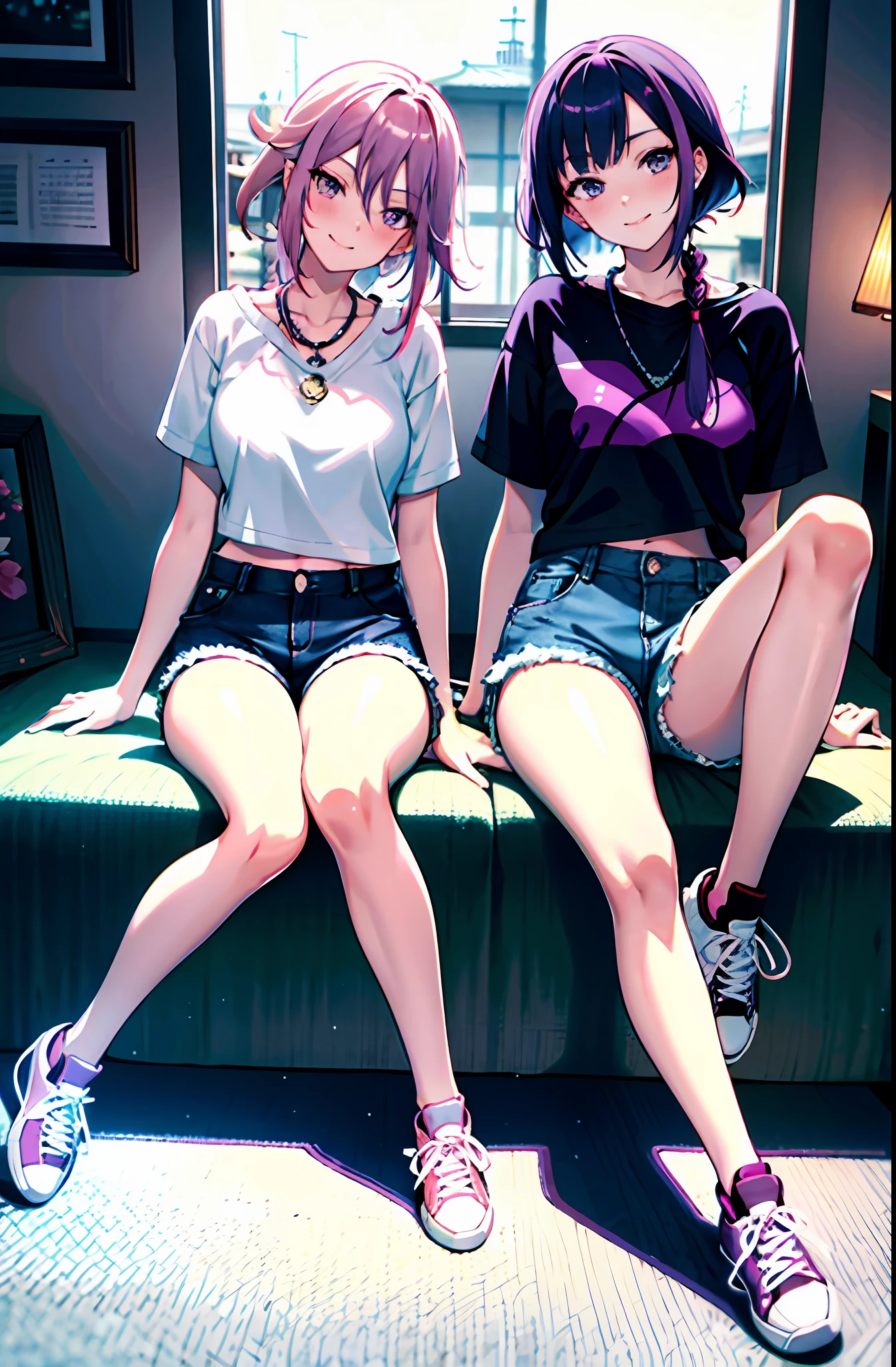 masterpiece, best quality, photorealistic, (indoors:1.2), beautiful lighting, cinematic lighting, bedroom, on bed, lamp, poster,two girl AND two girl,yae miko, pink hair,  teasing, smug, smirk, head tilted, knee up, looking at viewer, glossy skin, sitting, medium breasts, dolphin shorts, denim, navel, midriff, nose blush, necklace, (sneakers:1.2), leaning on person,genshin impact,
AND two girl,raiden shogun, purple hair, purple eyes, serious, blush, looking at viewer, single braid, shirt, long hair, crossed legs, glossy skin, knee up, arm rest, sitting medium breasts, dolphin shorts, denim, smile, necklace,(sneakers:1.2), looking at another, half closed eyes,genshin impact,