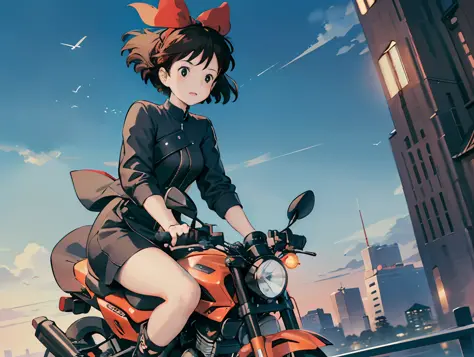 Best image quality, outstanding detail, ultra high resolution, (realism: 1.4), best illustration, prefer details, riding a futuristic high-tech motorcycle, the background is a high-tech lighting scene of futuristic city, black coat, red ribbon, kiki, gigi,...