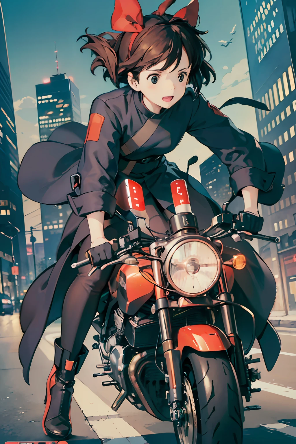Best image quality, outstanding detail, ultra-high resolution, (realism: 1.4), best illustration, prefer details, riding a futuristic high-tech motorcycle, the background is a high-tech lighting scene of a futuristic city, black coat, red ribbon, Kiki, Jiji, dynamic.