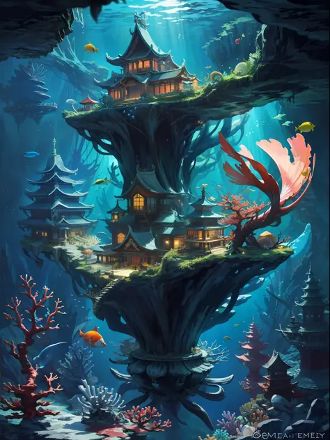 highest quality,great work,(scene:1.2),fantasy,underwater,(seabed:1.3),(ring city:1.3),east asian architecture,seashell,coral,pl...