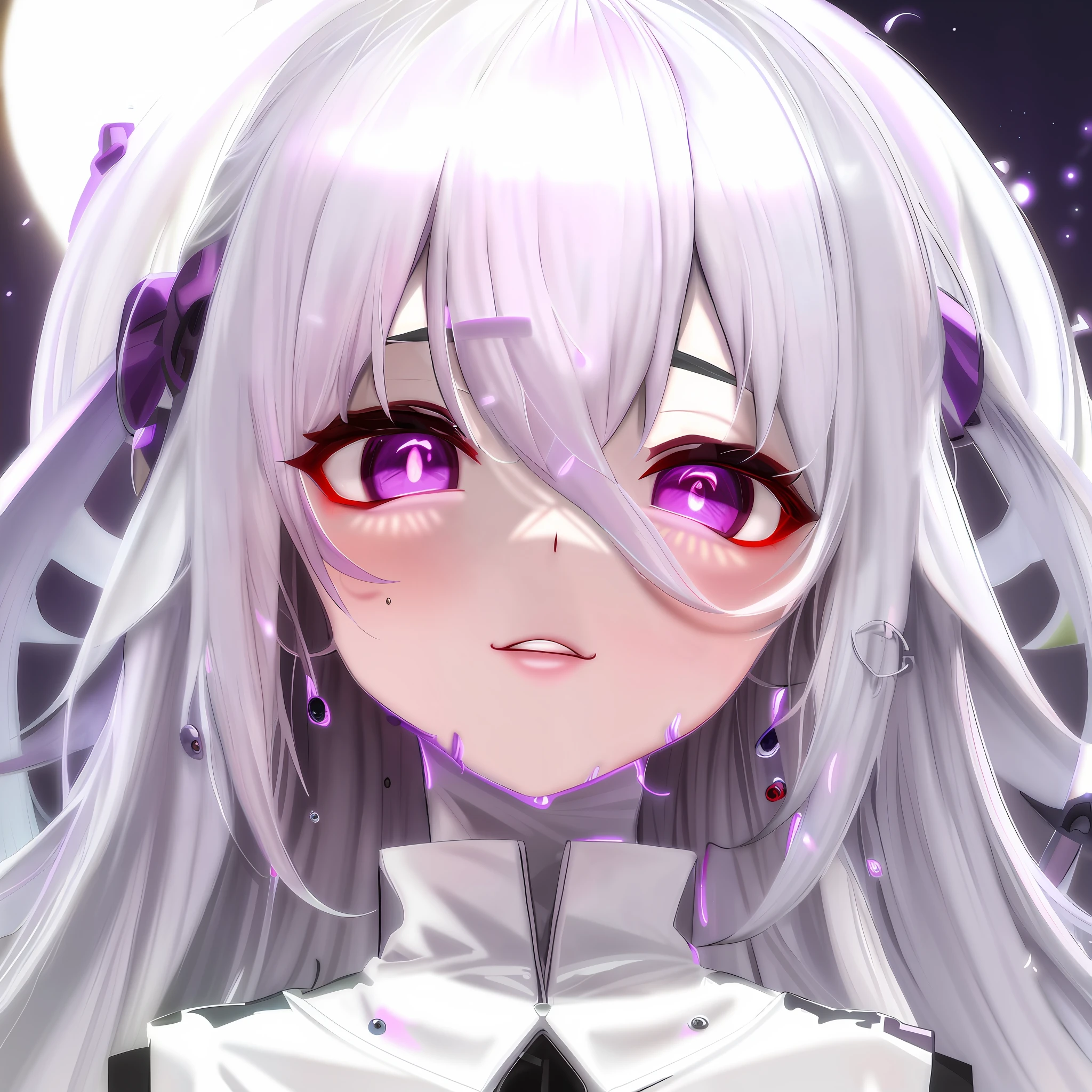 Anime girl with long white hair and purple eyes in front of a full moon -  SeaArt AI