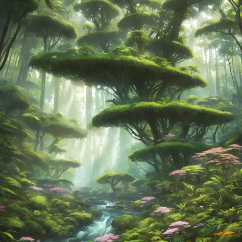 Digital illustration, detailed and intricate, picture of a dense rainforest with wild flowers , the sunlight filtering through the canopy to a wide river, Dark and dirty prism effect.In the style of Yoshitaka Amano and Hayao Miyazaki, masterpiece, proporti...