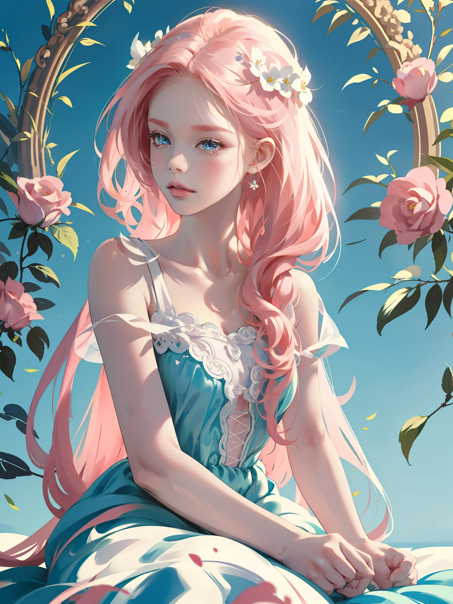 ((Masterpiece)), high quality, super detailed, pink hair + white clothing: 1.2, sweet and delicate girl, delicate facial features, perfect figure, surrounded by roses, bright bright colors, pearl white background, romantic long hair, natural light, warm and sweet, blue eyes, flower hair decoration.