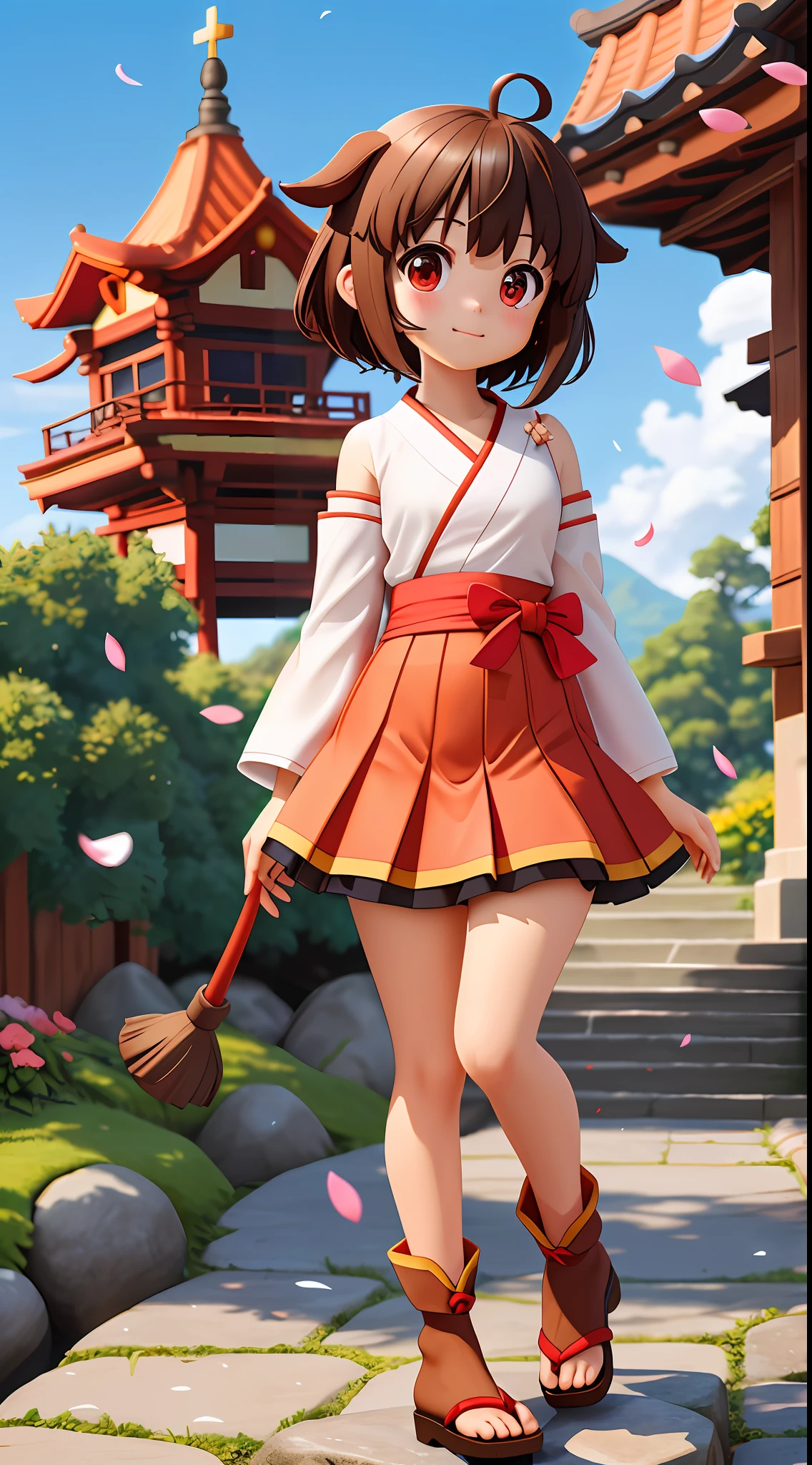 menina_megumin_konosuba dog, short hair, brown hair, dog ears red eyes, detached long sleeves, white kimono, pleated miniskirt, dogtail diffuse sunlight, depth of field, light particles, strong wind, blue sky, shrine, stone stairs, falling flower petals, facial focus