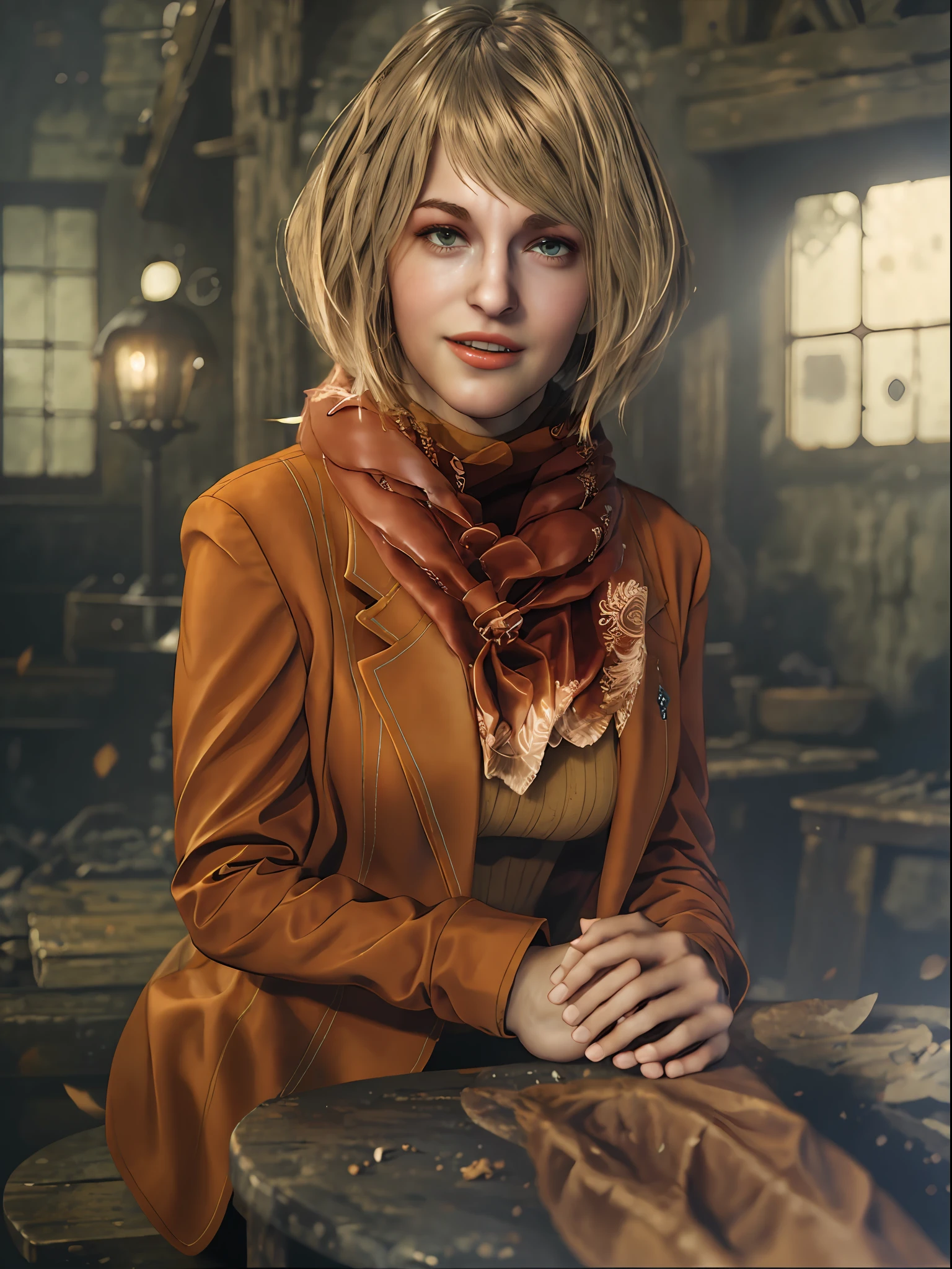 1 girl, solo, upper body shot, Ashley Graham from resident Evil 4 Remake, face of Ella Freya, sitting, short hair, blonde hair, slim lips, scarf, small necklace, orange sweater inside, cute smilling face, detailed face, breast, best quality, high resolution:1.2, 18th century village in the background, shadows, nightime, moonlight, depth of field, center focus