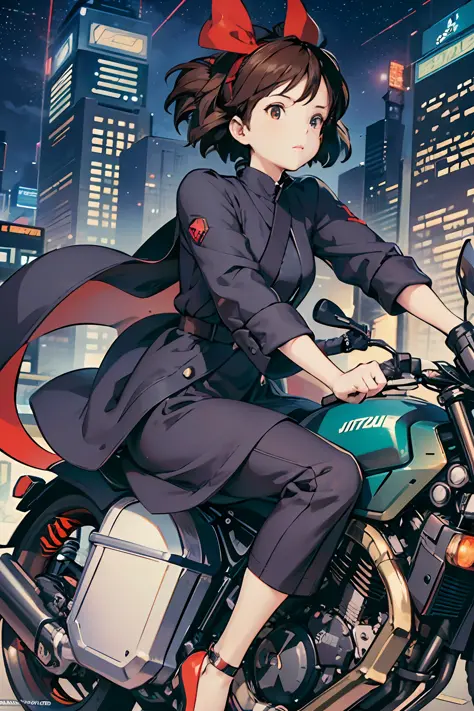 Best image quality, outstanding detail, ultra-high resolution, (realism: 1.4), best illustration, prefer details, riding a futuristic high-tech motorcycle, the background is a high-tech lighting scene of a futuristic city, black coat, red ribbon, Kiki, Jij...
