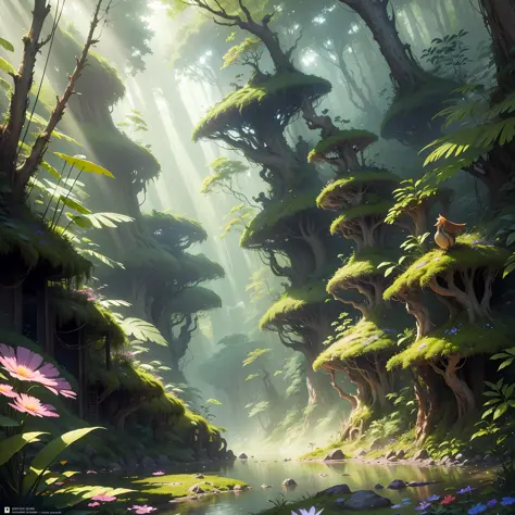 Digital illustration, detailed and intricate, picture of a dense rainforest with wild flowers , the sunlight filtering through the canopy to a wide river, Dark and dirty prism effect.In the style of Yoshitaka Amano and Hayao Miyazaki, masterpiece, proporti...