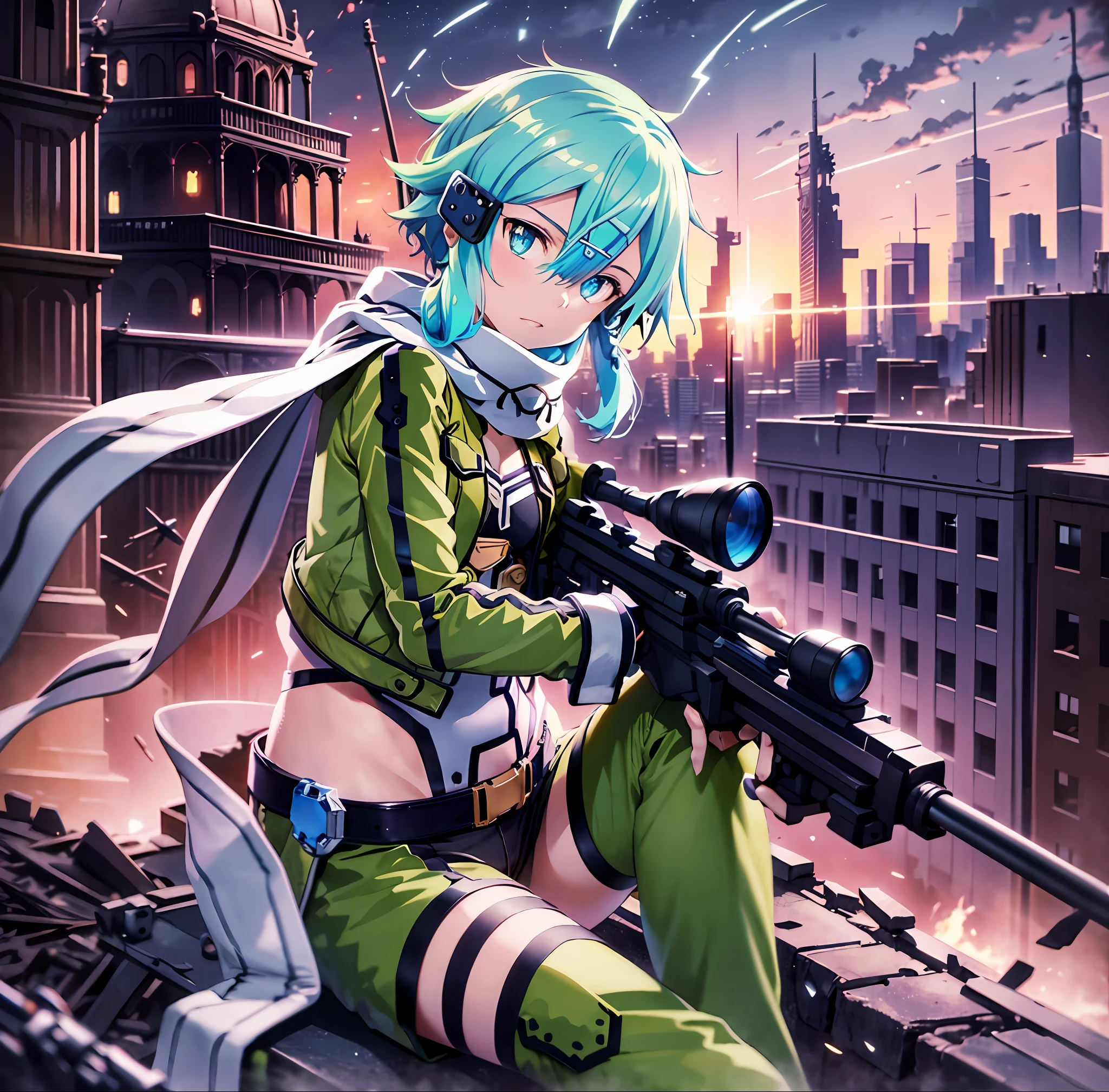 masterpiece, best quality, highres, 1girl, sinon1, scarf, fingerless gloves, long sleeves, short black shorts, hair ornament, hairclip, green thighhighs, green jacket, thigh strap, cowboy shot, holding weapon, sniper rifle, ruins, sitting, (sword art online), scoping, using the sniper, holding the sniper rifle, looking in scope, looking into the sniper rifle scope, shooting, hdr, urban, rooftop, collapsed buildings, war, catastrophe, disaster, serious, cold, glowing eyes, superpower, focusing, focus