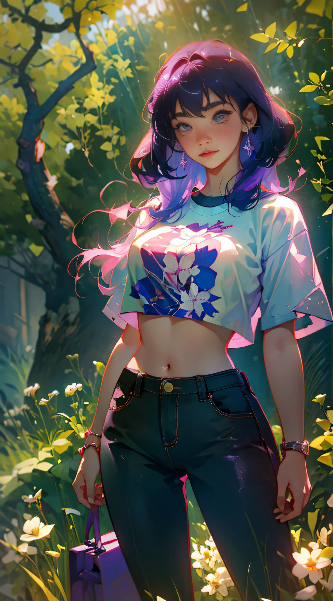 masterpiece, best quality, absurdres, perfect antomy, matou sakura, 1girl, solo, long hair, bangs, breasts, standing, cowboy shot, smile, blush, outdoors, t-shirt, pants, midriff