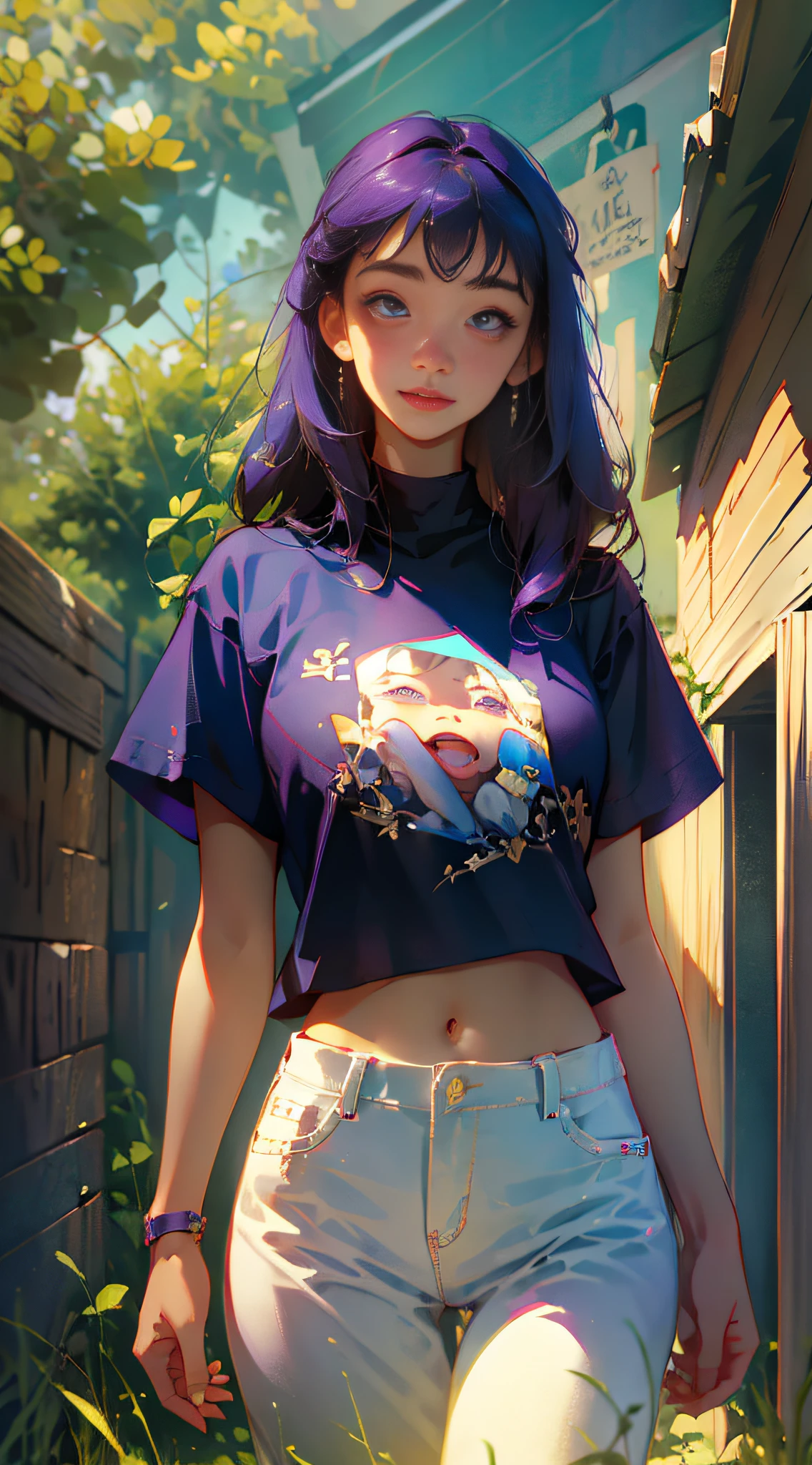 masterpiece, best quality, absurdres, perfect antomy, matou sakura, 1girl, solo, long hair, bangs, breasts, standing, cowboy shot, smile, blush, outdoors, t-shirt, pants, midriff