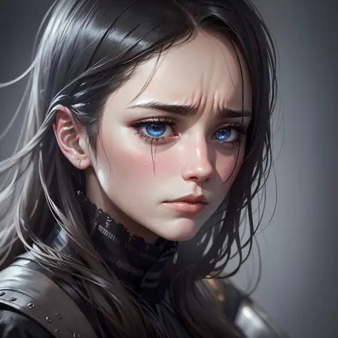 thoughtful person, sad, dark, dark background, dark background, black background,sad person, face with many details, beautiful face, upset woman, sad woman holding back tears, very realistic, extreme realism, unreal engine 5, very good, sadness in the look...