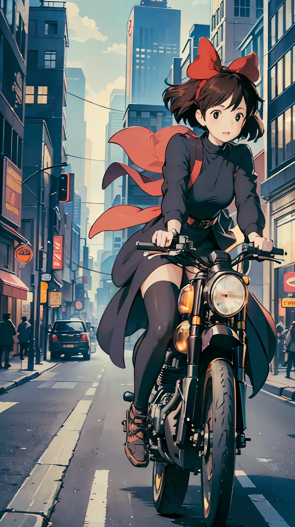 Best image quality, outstanding detail, ultra high resolution, (realism: 1.4), best illustration, prefer details, riding a futuristic high-tech motorcycle, the background is a high-tech lighting scene of futuristic city, black coat, red ribbon, kiki, gigi, active,
