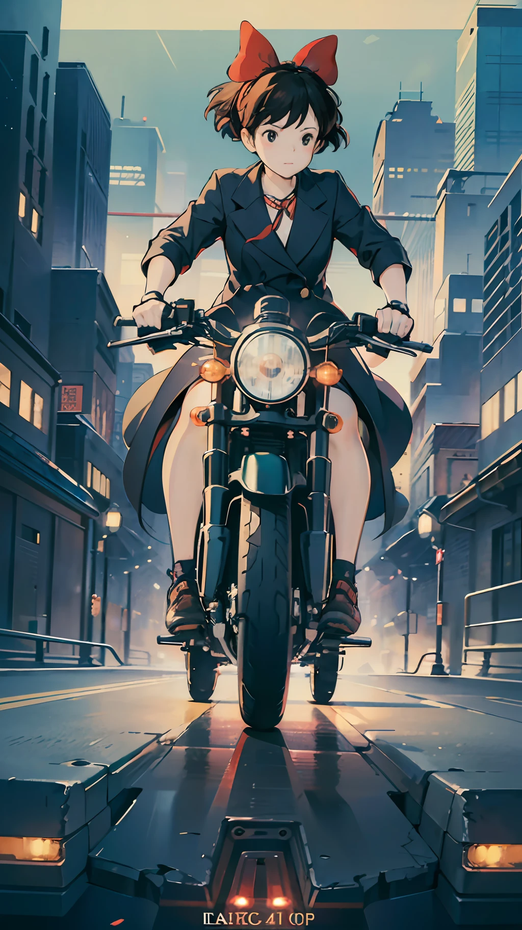 Best image quality, outstanding detail, ultra high resolution, (realism: 1.4), best illustration, prefer details, riding a futuristic high-tech motorcycle, the background is a high-tech lighting scene of futuristic city, black coat, red ribbon, kiki, gigi, active,