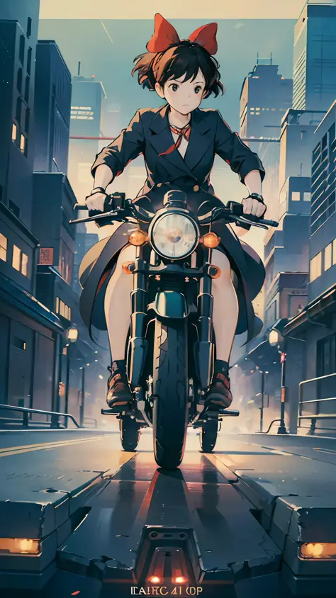 Best image quality, outstanding detail, ultra high resolution, (realism: 1.4), best illustration, prefer details, riding a futuristic high-tech motorcycle, the background is a high-tech lighting scene of futuristic city, black coat, red ribbon, kiki, gigi,...