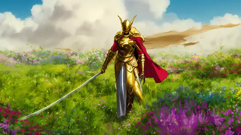 ((tall woman with red hair)), golden medieval armor, golden helmet, closed visor, exposed mouth, 2 wings adorning the helmet, golden left arm, beautiful red hair, long body, reddish long cape, a very large curved sword, long arm. Inside a giant stick, flow...