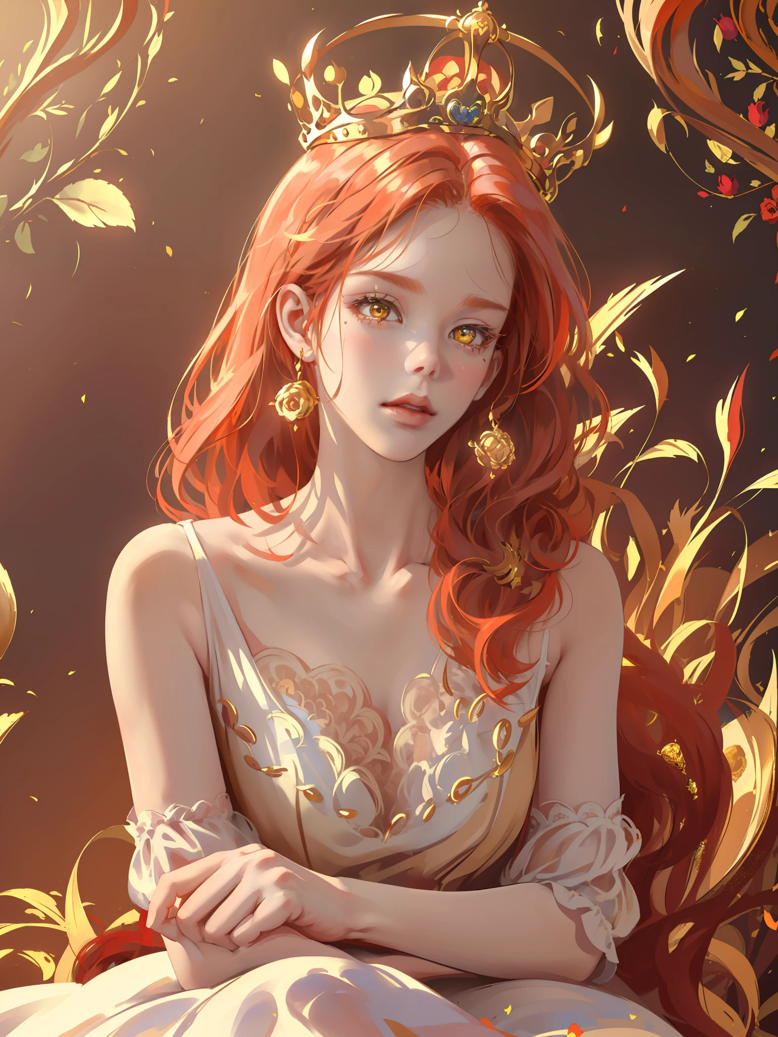 (((Masterpiece)), high quality, super detailed, red hair + golden clothing: 1.2, sweet and delicate girl, delicate facial features, perfect body, Lolita, crown, face with decoration, rose, bright bright colors, pearl white background, romantic long hair, natural light, warm and sweet, golden eyes, gorgeous hair decoration.