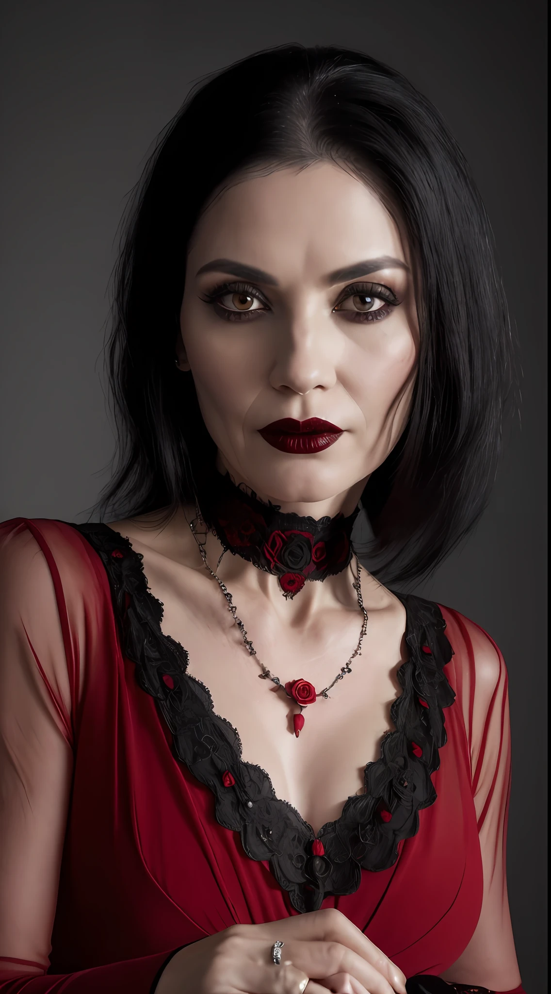 (8k, RAW photo, maximum quality), (A woman) (50 years old), (pale face+, cadaverous, showing the mark of bones, dark makeup), ((red dress)), ((black hair)) (necklace with a red rose) (jewelry) close-up+, (detailed eyes: 0.8), (looking at the camera: 1.4), (maximum quality), (best shadow), intricate details, dark background