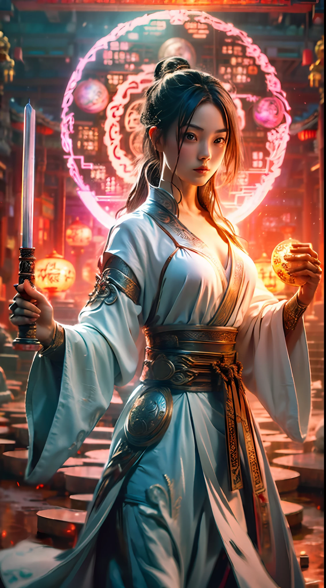 Best quality,masterpiece,ultra high res,(photorealistic:1.4),xiuxian,weapon,Detailed face, 1girl,solo,weapon,cleavage,magic circle,xiuxian,upper body,Beautiful girl,full body,east asian architecture,sheath,architecture --auto --s2