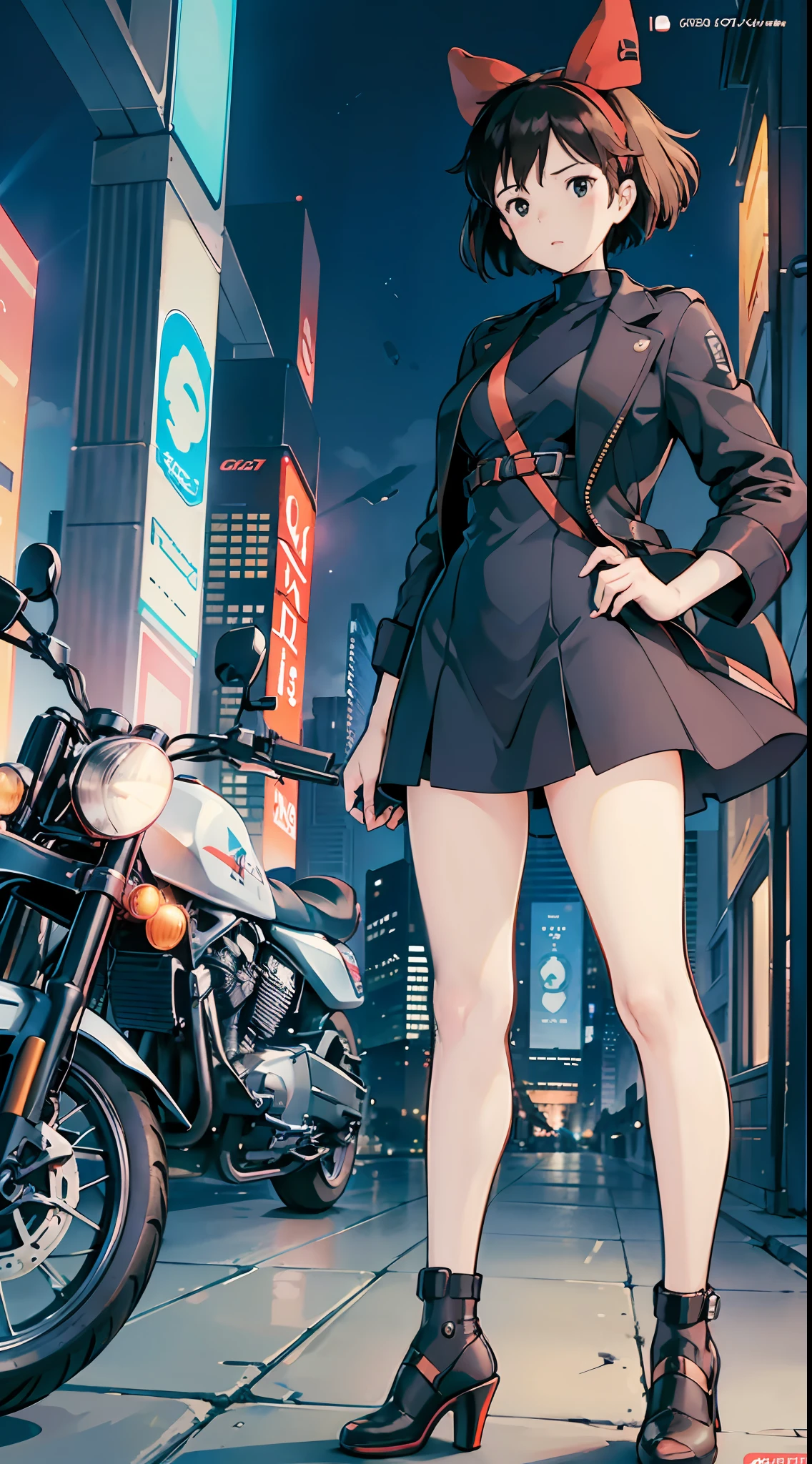 Best image quality, outstanding detail, ultra high resolution, (realism: 1.4), best illustration, prefer details, futuristic high-tech motorcycle, standing posture, Kiki posing, background is a high-tech lighting scene of futuristic city, black coat, slit, red ribbon, kiki, gigi, active,