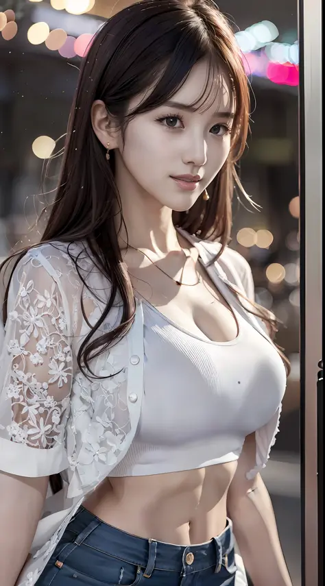 (8k, best quality, masterpiece:1,2), (realistic, photo-realistic:1,37), top quality, masterpiece, a beautiful woman, wearing a shirt for women crop v neck top white t-shirt korean fashion women t with a tight open gray color jacket, beautiful and toned bod...