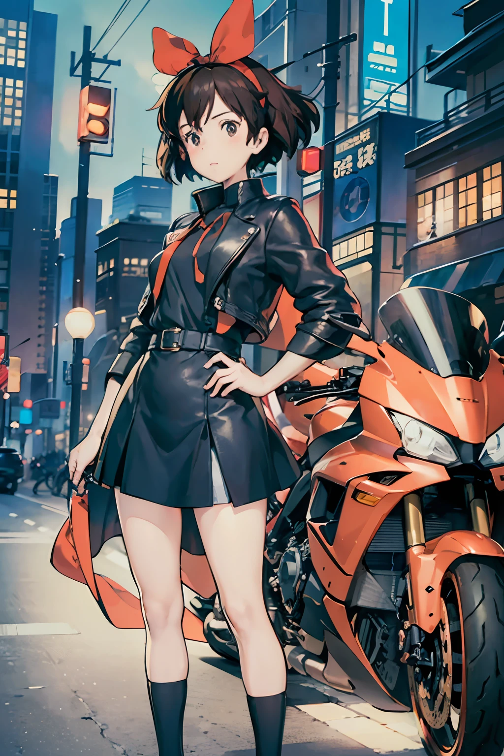 Best image quality, outstanding detail, ultra high resolution, (realism: 1.4), best illustration, prefer details, futuristic high-tech motorcycle, standing posture, Kiki posing in front of motorcycle, background is high-tech lighting scene of futuristic city, black coat, red ribbon, kiki, gigi, active,