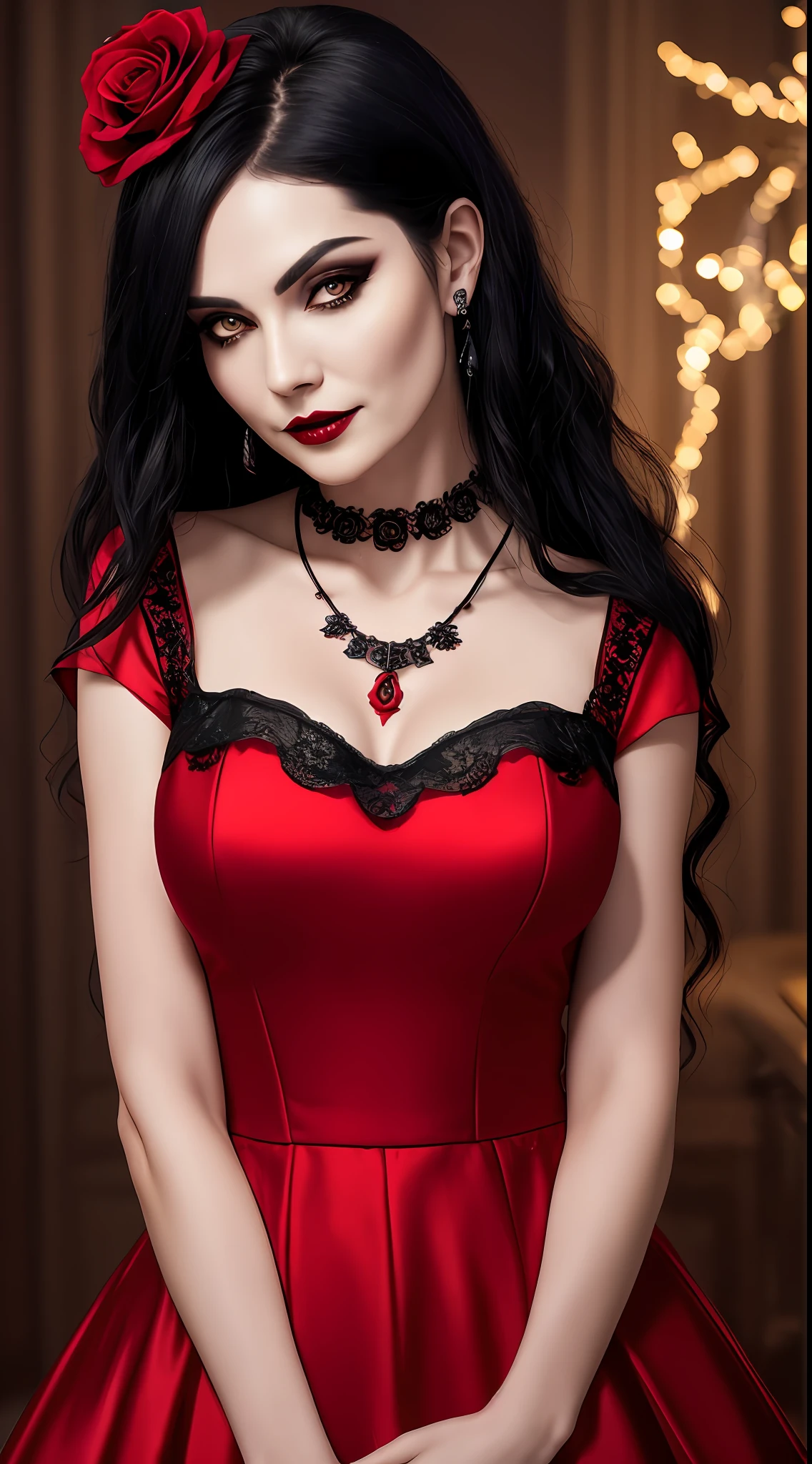 (8k, RAW photo, maximum quality), (A woman) (50 years old), (pale face+, cadaverous+, showing the mark of the bones, dark makeup), ((red dress)), ((black hair)) (necklace with a red rose) (jewelry) close-up++, (detailed eyes: 0.8), (looking at the camera: 1.4), (maximum quality), (best shadow), intricate details, background with lights, night