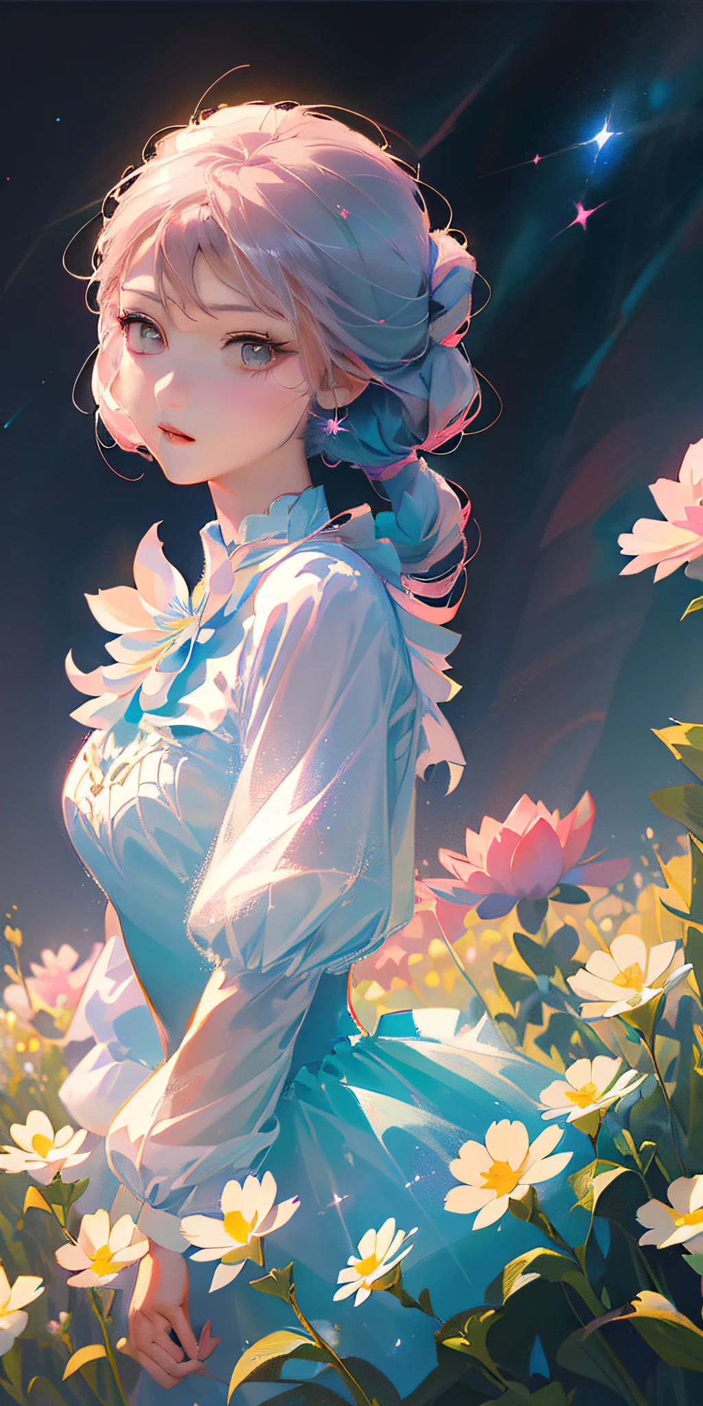 Chica de anime con un vestido azul de pie en un campo de flores, ilustración de anime digital, detailed arte animado digital, hermosa ilustración digital, obra de arte al estilo de guweiz, fondo de pantalla de arte anime 8 k, fondo de pantalla de arte anime 4k, fondo de pantalla de arte anime 4k, impresionante ilustración digital, arte animado digital, artgerm y atey ghailan, hermosa obra de arte digital