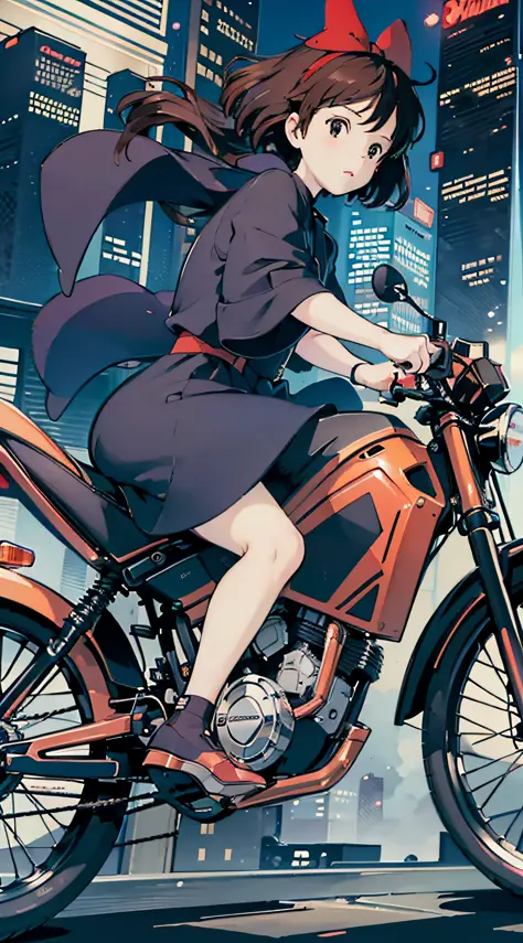 Best image quality, outstanding detail, super high resolution, (realism: 1.4), best illustration, prefer details, riding a motorcycle, the background is a high-tech lighting scene of a futuristic city, black coat, red ribbon, Kiki, Gigi,