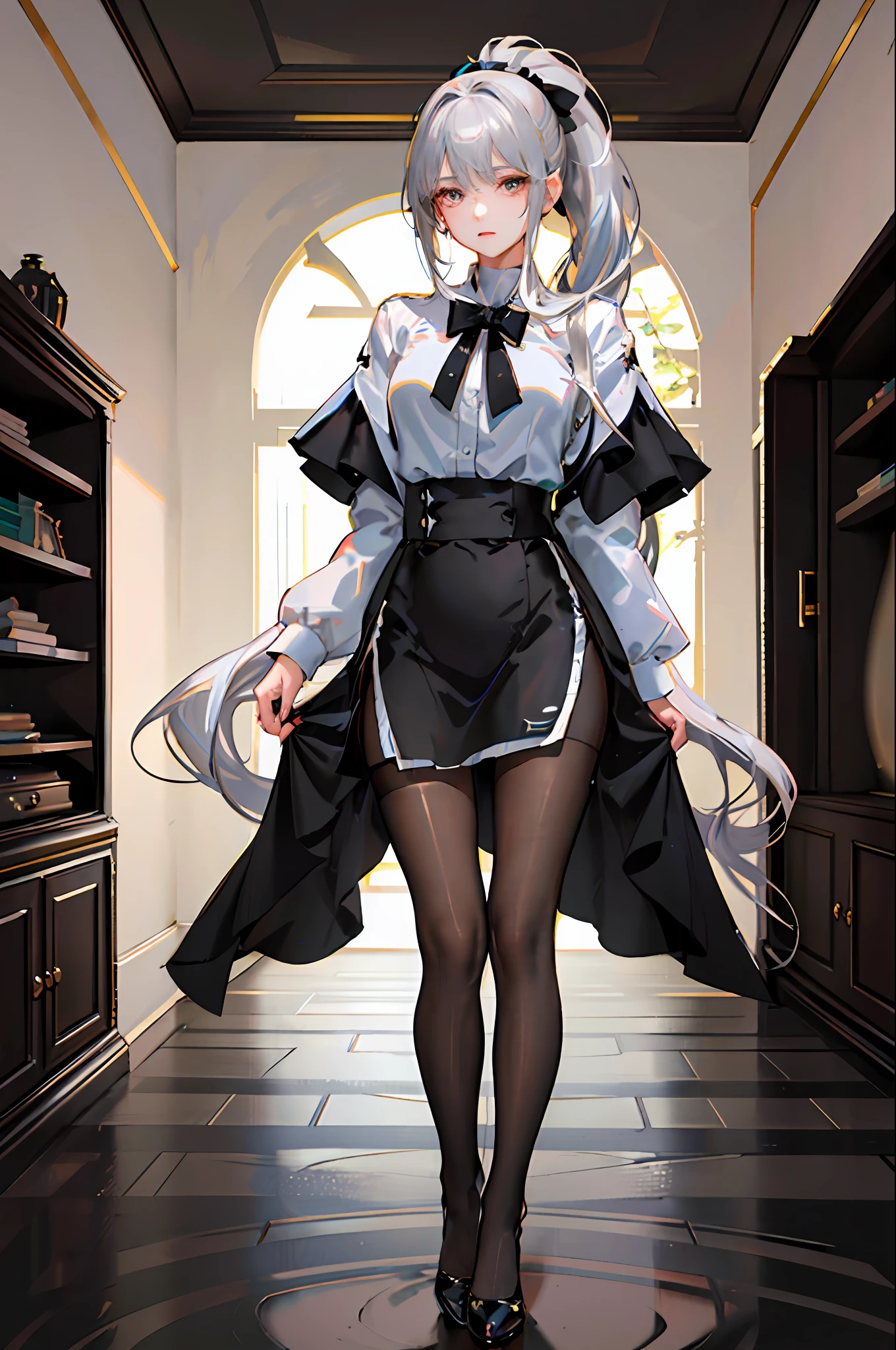 ((1 girl)),(high detailhyper quality,high resolution,),(ray tracing),{dim light},(detailed background)((living room)),((fluffy silver hair, plump slender girl with high ponytail)), avoid golden eyes in the ominous living room, (((girl wears white shirt, black wrinkled skirt with black sheer pantyhose))), { Showing a delicate and slender figure and graceful curves and charming eyes}, (standing), ((hands behind the head)), hands behind the head, clear focus