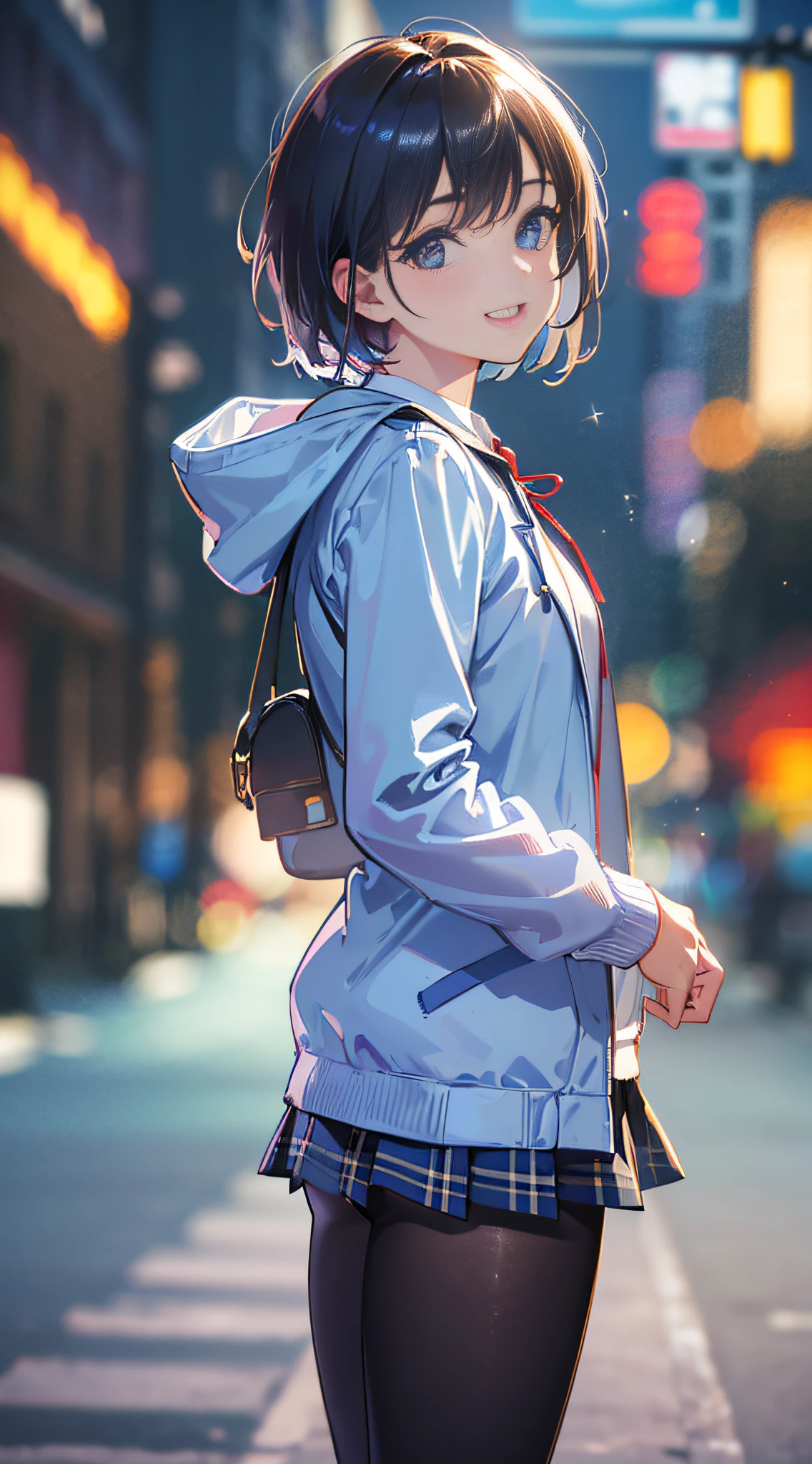 (8k RAW photo,best quality, masterpiece:1.2), (realistic,photo-realistic:1.37), omertosa, 1girl, city, professional lighting, photo mapping,radiosity, physically-based rendering, blue backlight bokeh, smile, mature, head portrait, sunlight, blone, short jacket, school uniform, hoodie, short hair, floating hai