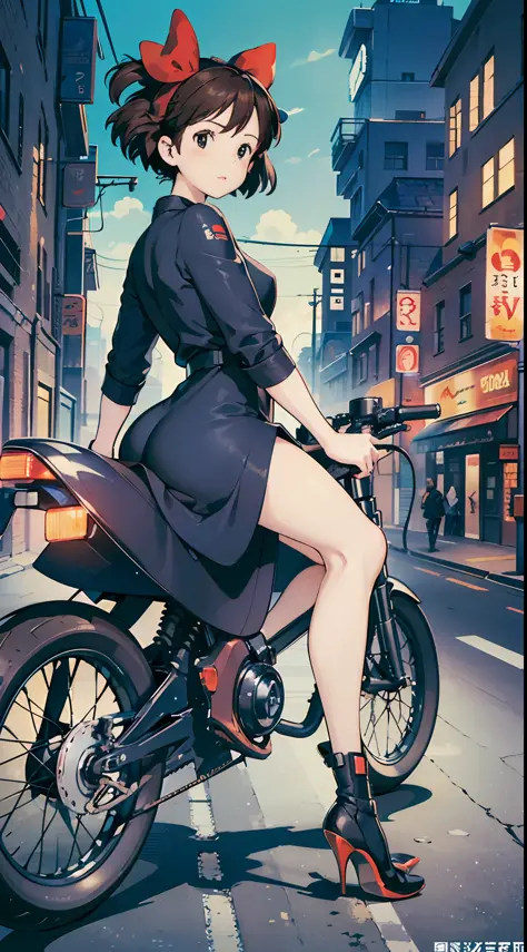 Best image quality, outstanding detail, ultra high resolution, (realism: 1.4), best illustration, prefer details, futuristic high-tech motorcycle, standing posture, kiki posing cute in front of motorcycle, background is high-tech lighting scene of futurist...