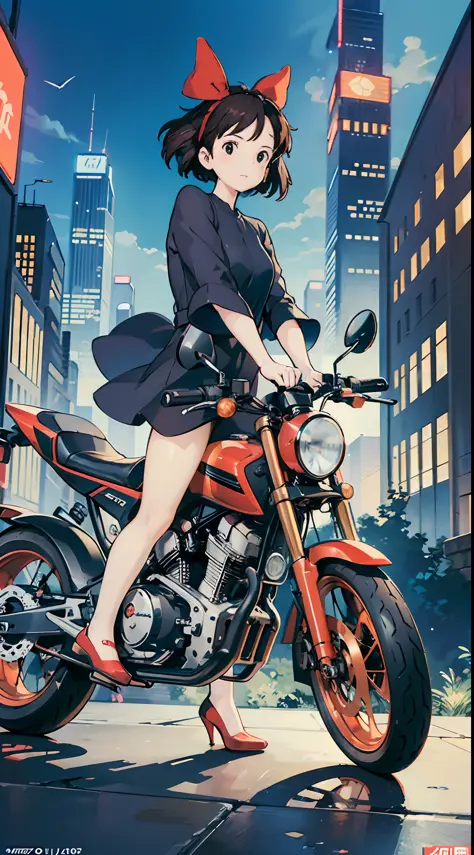 Best image quality, outstanding detail, ultra high resolution, (realism: 1.4), best illustration, prefer details, futuristic high-tech motorcycle, standing posture, kiki posing cute in front of motorcycle, background is high-tech lighting scene of futurist...
