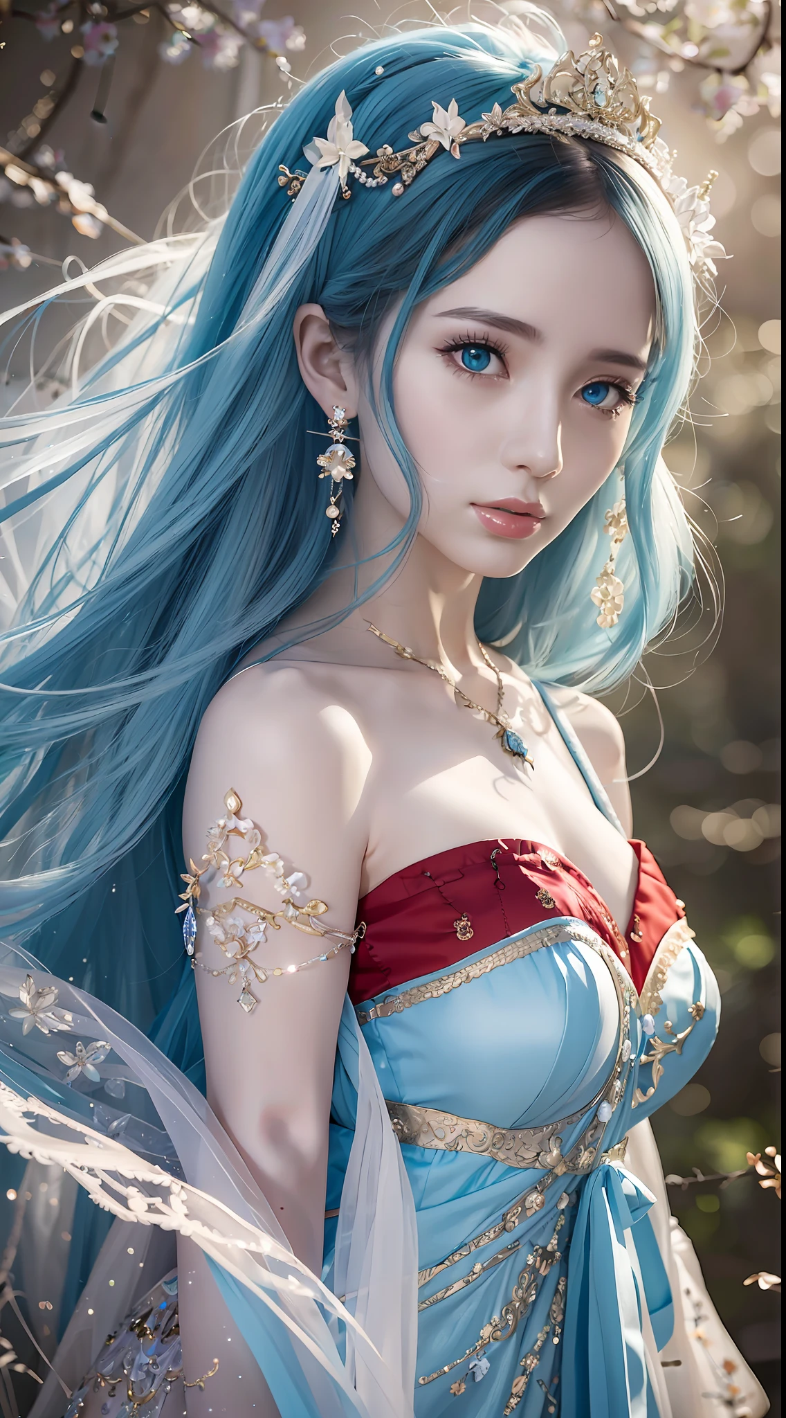 (8K, Best Quality, Masterpiece: 1, 2), (Realistic, Photo Realistic: 1, 37), Top Quality, Masterpiece, There Is a Woman in Red Dress Posing for Photos, Moon-Themed Costume, Astral Witch Costume, Fantasy Costume, Live Action Girl Role Play, Beautiful Celestial Mage, Inspired by Cold Plum, Bandeau Dress, Pop on CGSTATION, Celestial Goddess, April Rendering, Light Blue, Fantastic Medium Portrait Top Light, Light Blue Skin, Amouranth, Fantasy dresses