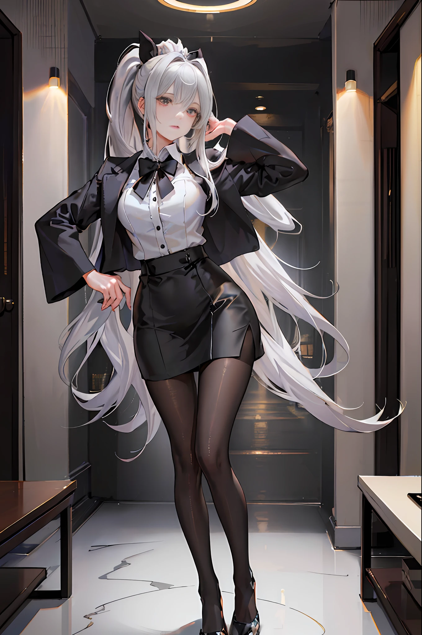 ((1 girl)),(high detailhyper quality,high resolution,),(Exquisite makeup),{dim light},(detailed background),(living room),((fluffy silver hair, busty slender girl with high ponytail)), avoid blonde eyes in the ominous living room, ((girl wears white shirt, black wrinkled skirt, with black sheer pantyhose))), {shows a slender figure and graceful curves}, (standing), (hands behind the head)), hands behind the head, (facial details)