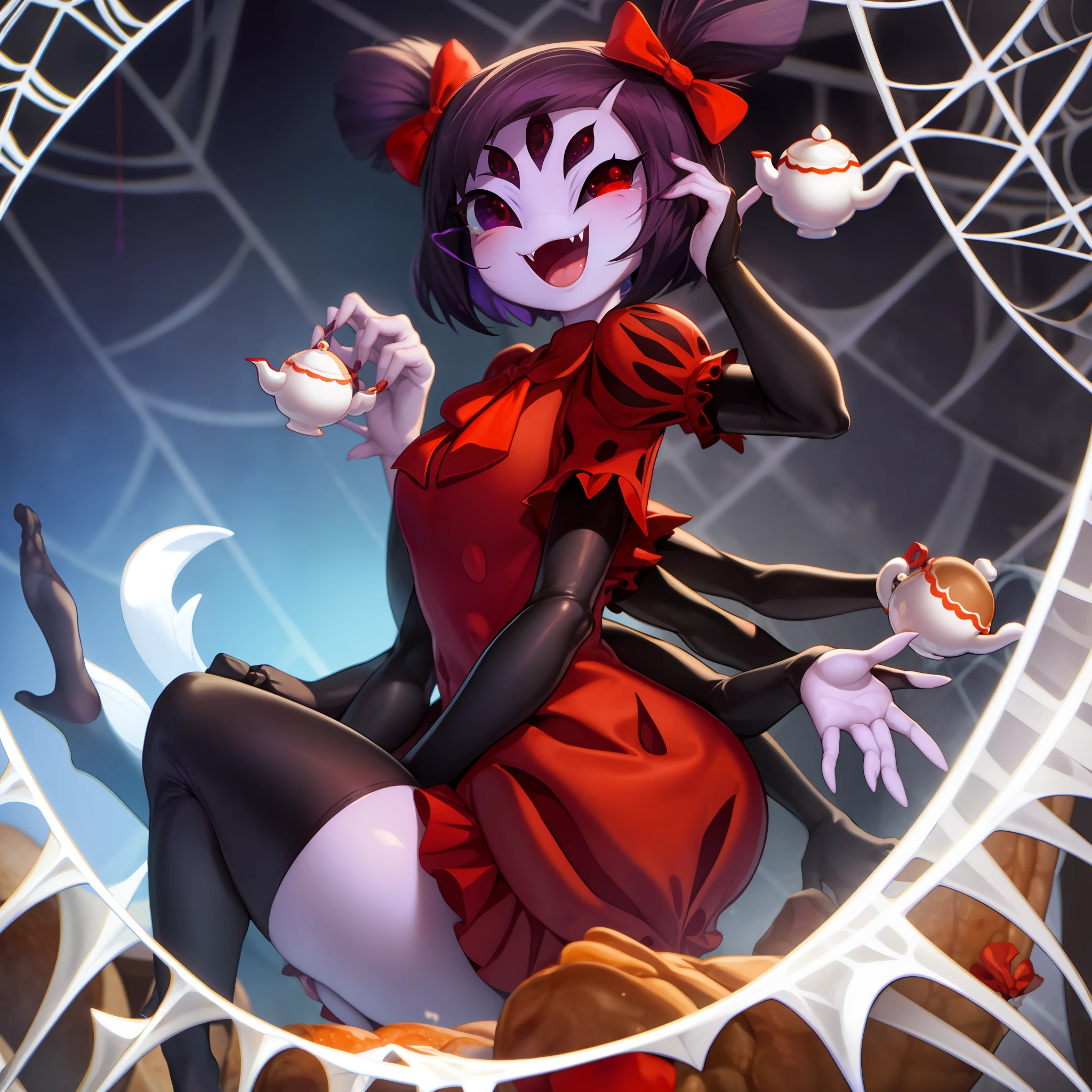 masterpiece, best quality, a beautiful and detailed portriat of muffet,(muffetwear), monster girl,((purple body:1.3)),humanoid, arachnid, anthro,((fangs)),pigtails,hair bows,5 eyes,spider girl,6 arms,solo,smile, clothed, open mouth, awesome and detailed background, holding teapot, holding teacup, 6 hands,detailed hands,((spider webs:1.4)), storefront that sells pastries and tea,bloomers,(red and black clothing),inside,pouring into teacup,wide angle lens, ((fish eye effect)) ,armwear, thick_thighs, spread legs, knees,