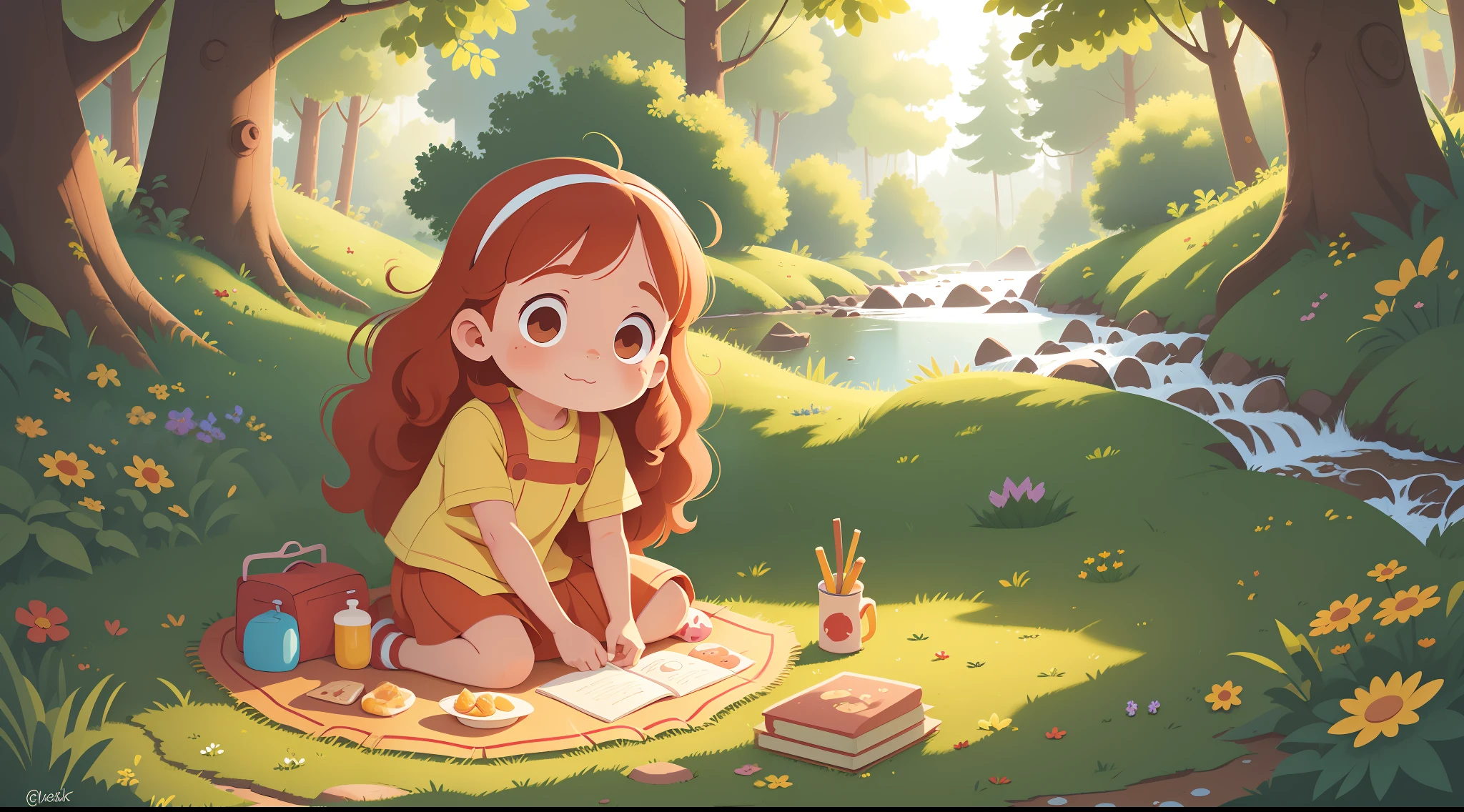 A cute , Long red hair, Yellow dress, Freckles on the face, Disney costumes, Sunny morning, Sit on the meadows of the forest for a picnic, There was a lot of food on the tablecloth, There is a small river next to it. Children's book illustration style, Children's illustration style, flattened, No contours, children&#39;s picture book, flattened, flattened, Absurdly long hair, curls, Ultra-Wide Angle