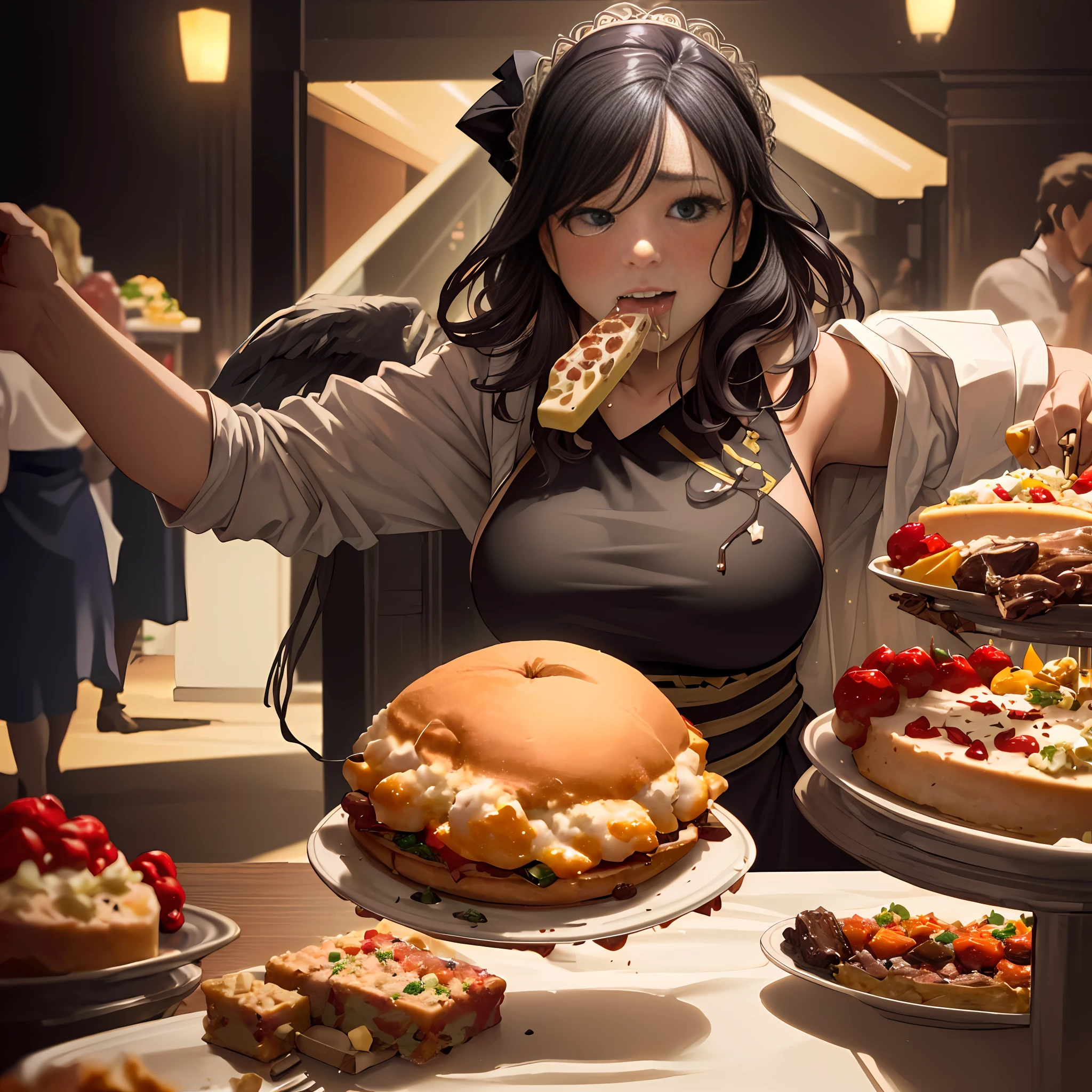 (desperate, hungry, starving, ravenous, insatiable:1.5), chubby woman at a party, standing next to the buffet table. She fills her plate with food and starts eating. She finishes her plate and goes back for seconds., (best quality), (masterpiece:1.2), 4k ,(ultra detailed:1.2)