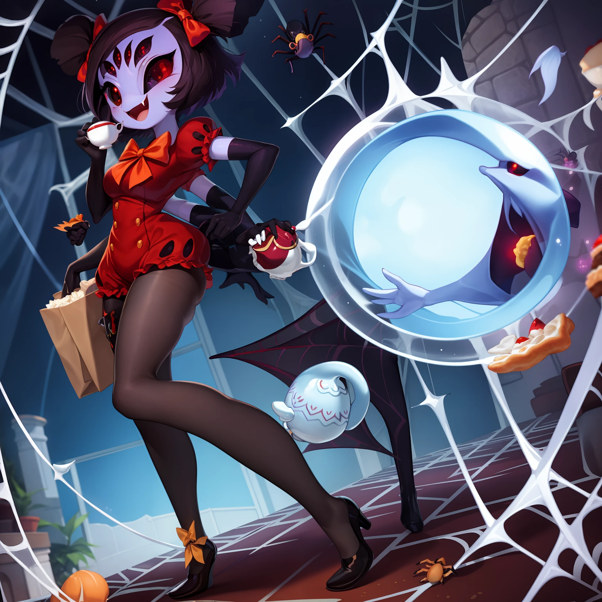 masterpiece, best quality, a beautiful and detailed portriat of muffet,(muffetwear), monster girl,((purple body:1.3)),humanoid, arachnid, anthro,((fangs)),pigtails,hair bows,5 eyes,spider girl,6 arms,solo,smile, clothed, open mouth, awesome and detailed background, holding teapot, holding teacup, 6 hands,detailed hands,((spider webs:1.4)), storefront that sells pastries and tea,bloomers,(red and black clothing),inside,pouring into teacup,wide angle lens, ((fish eye effect)) ,armwear, thick_thighs, spread legs, knees,midriff