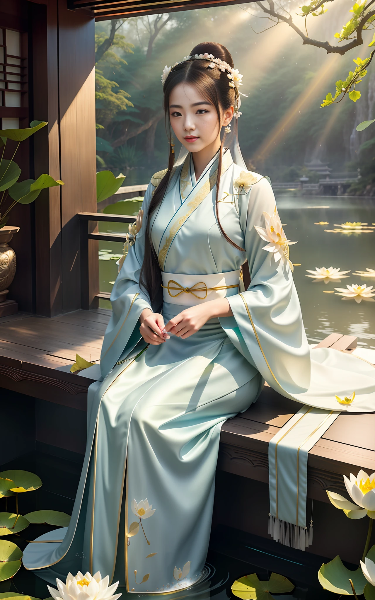 realistic, big vista, wide angle lens, intricate details, super detailed, natural skin texture, 1 girl, hair bundle, bun, beautiful Chinese woman in white hanfu robe cloak, fairy, white mist, golden light, white mist, outdoors, in Hangzhou West Lake, in ancient Chinese pavilion, (colorful, vivid, sunny, cool light: 1.2) lotus leaves in pond, delicate facial details, dynamic poses, exquisite details, wide view, epic details, global illumination - ar 3:2 - Q 5 - V 5.1 - Style RAW-S 750, style influenced by ancient Chinese art, complex, high detail, sharp focus, dramatic, photorealistic painting art, lotus leaf, spring rain, bright, light, atmospheric, bright tones of spring, super detail, 16k, best quality, soft light, space, crystal clear, natural light, surreal photography,