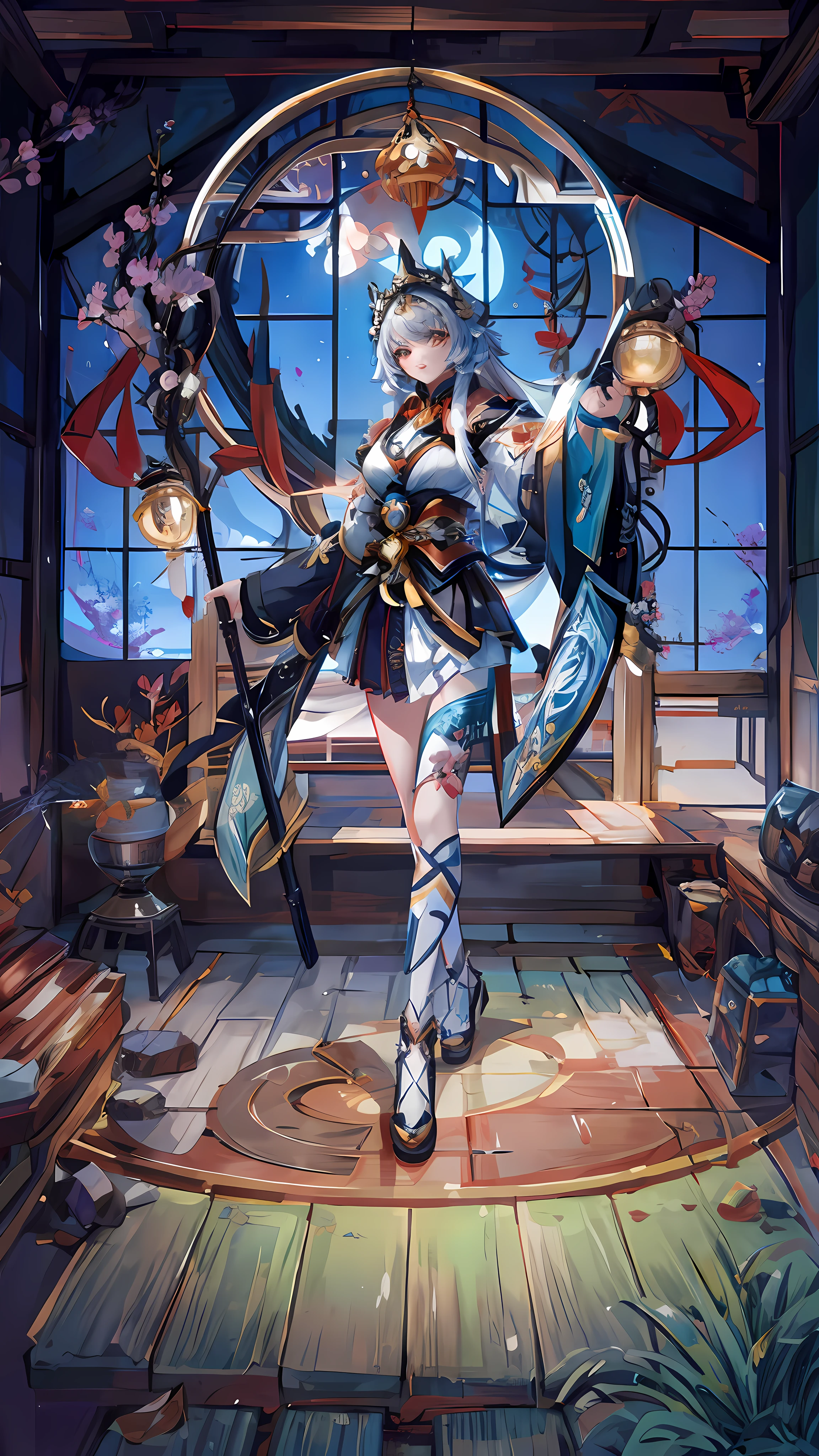 Masterpiece, best quality, very detailed CG, complex details: 1.2, anime girl in the room, with a large round mirror, full body fairy, beautiful fantasy queen, katana zero video game character, Katshi Zero video game character from Genshin Impact, inspired by Japanese goddess Hongren, inspired by Ren Xiong, Onmyoji, full portrait of Elemental, Zhongli from Genshin Impact, anime goddess, Yunling