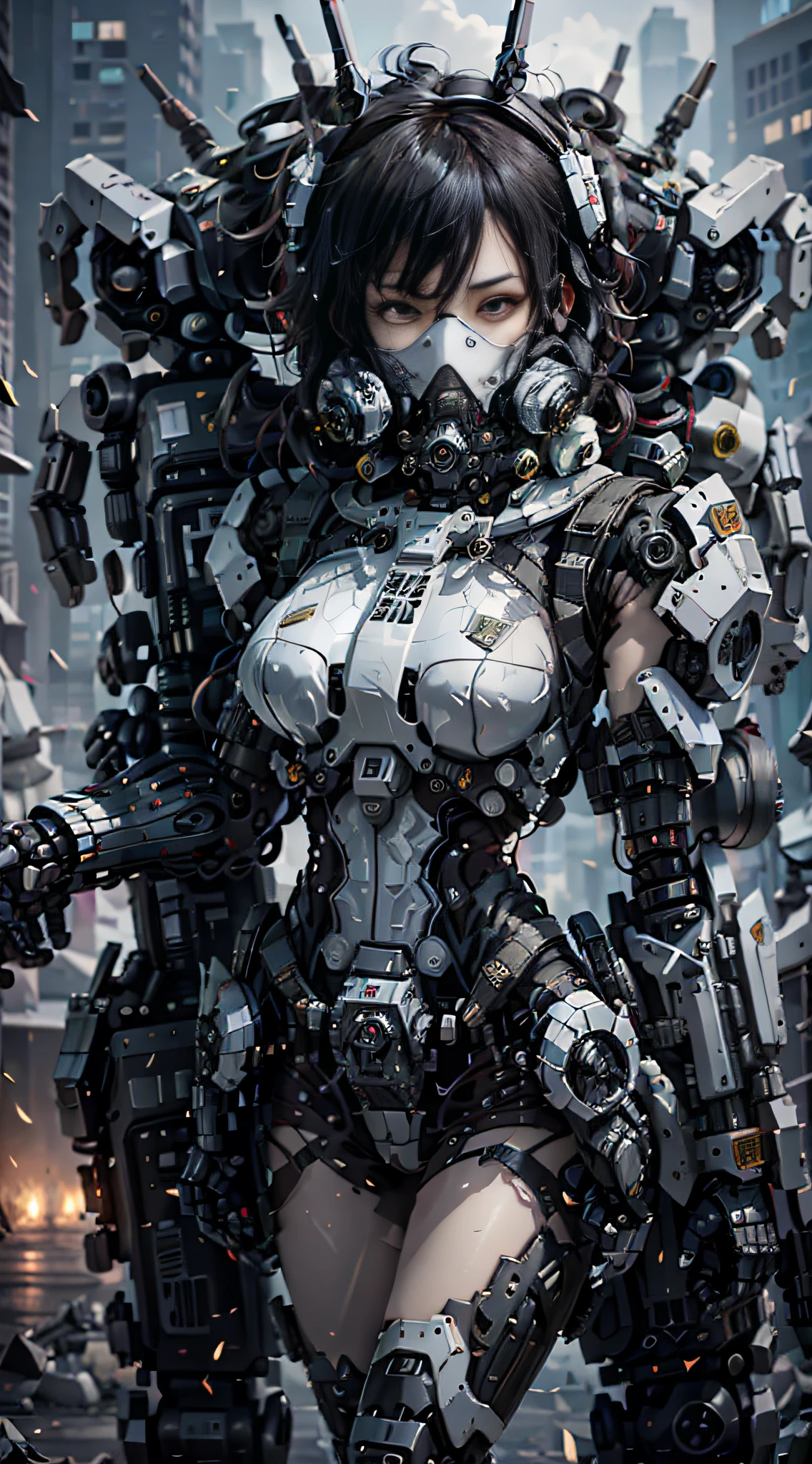 This is a CG Unity 8k wallpaper with ultra-detailed, high-resolution and top quality in cyberpunk style, dominated by black and red. In the picture, a beautiful girl with white messy short hair, a delicate face, wearing a steam mecha mask, standing on the ruins, behind her is a huge robot, and the action of a woman holding a heavy sniper rifle in her hand,