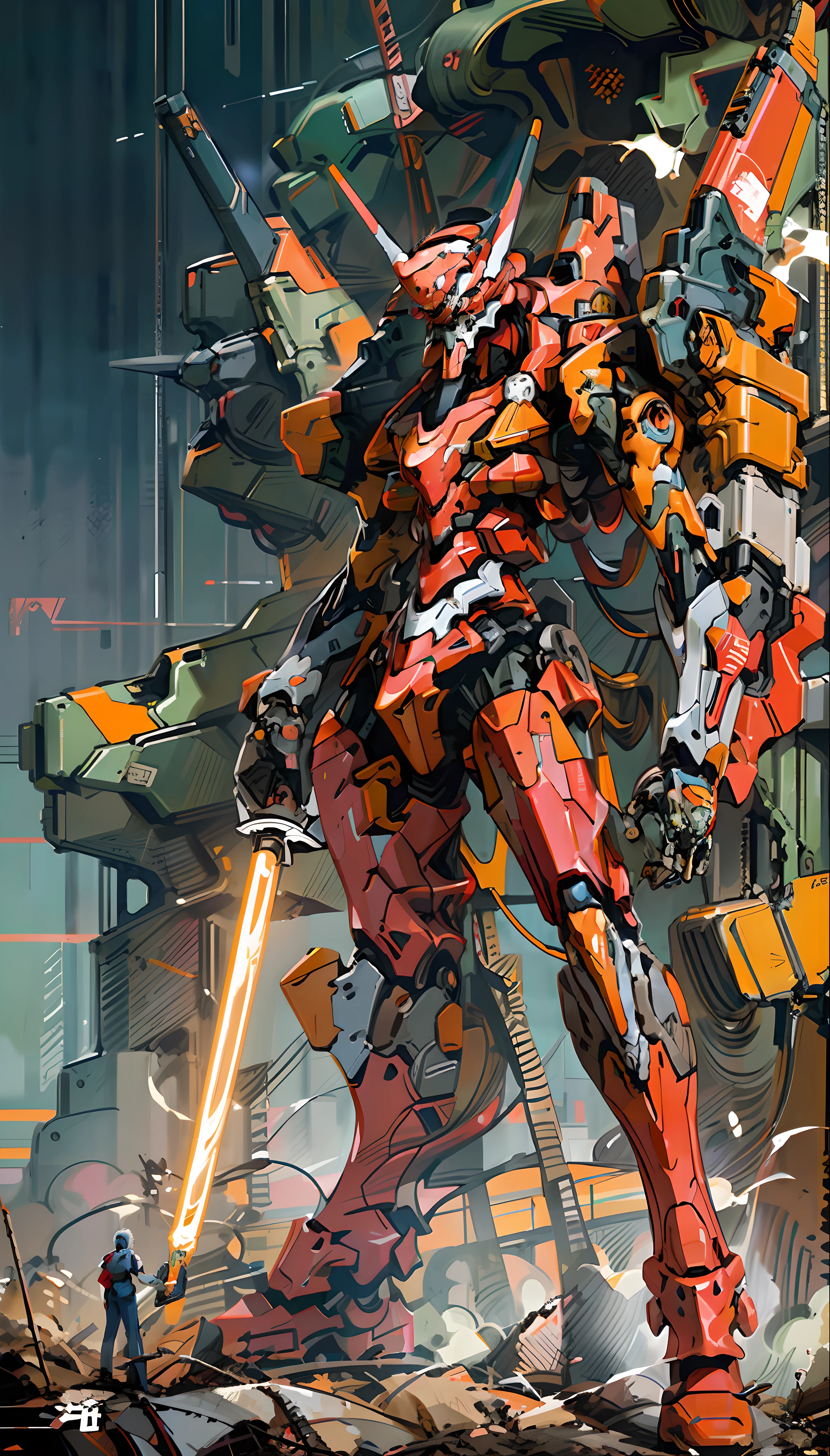 Eva 02, Eva, Evangelion mecha, science fiction, look viewer, (official art, best quality, masterpiece: 1.2), Illustrations, high resolution, beautiful abstract background, futuristic, comic book style, mecha, handheld weapon, lightsaber, depth of field, wide angle,