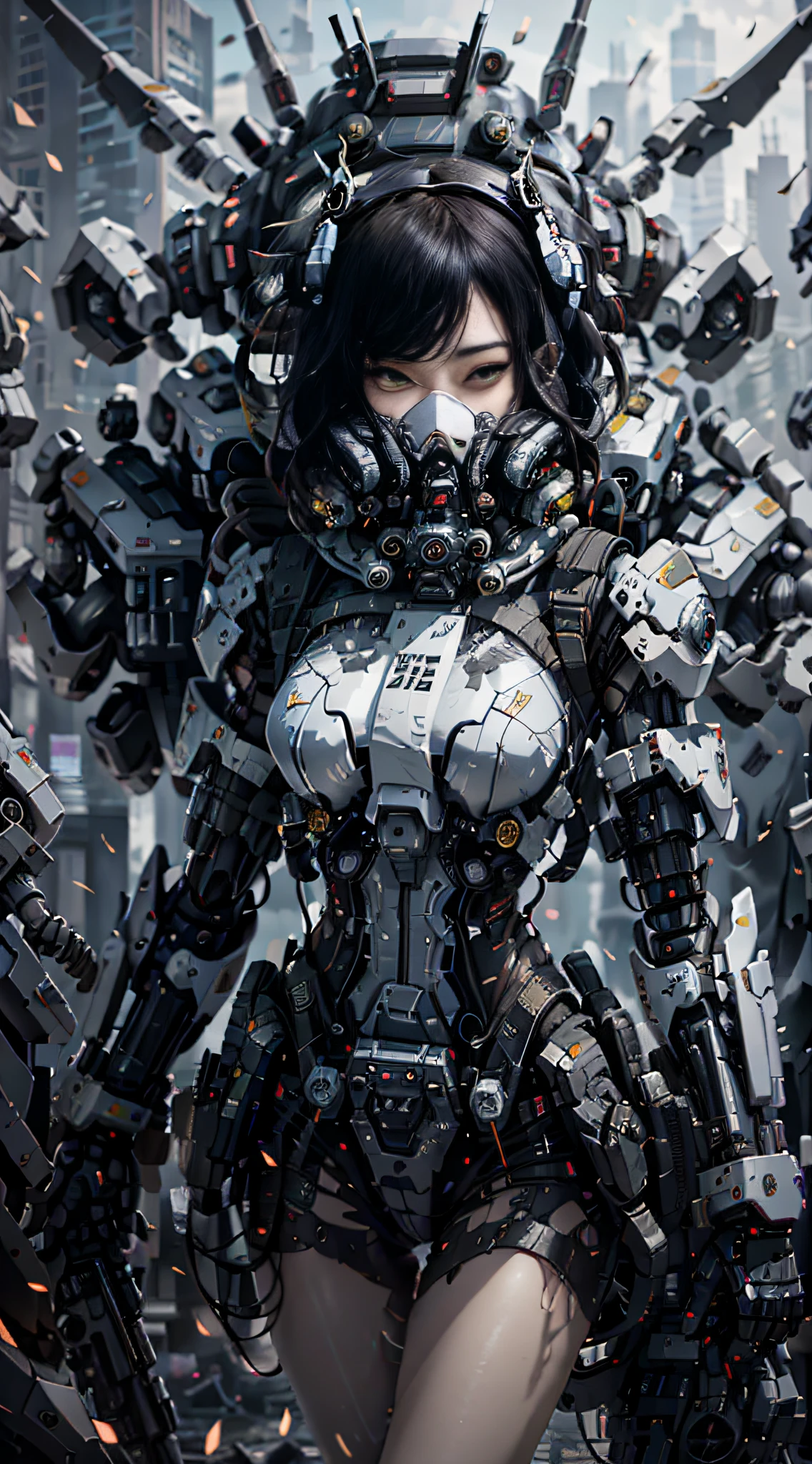 This is a CG Unity 8k wallpaper with ultra-detailed, high-resolution and top quality in cyberpunk style, dominated by black and red. In the picture, a beautiful girl with white messy short hair, a delicate face, wearing a steam mecha mask, standing on the ruins, behind her is a huge robot, and the action of a woman holding a heavy sniper rifle in her hand,