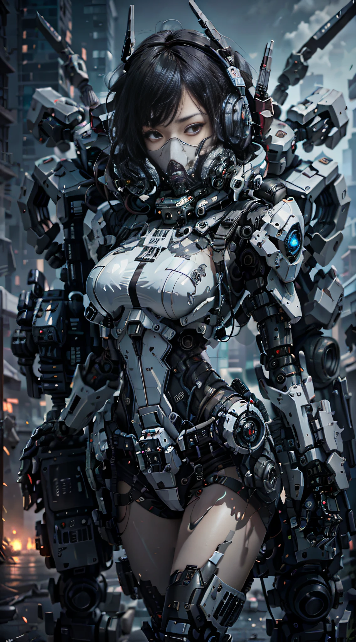 This is a CG Unity 8k wallpaper with ultra-detailed, high-resolution and top quality in cyberpunk style, dominated by black and red. In the picture, a beautiful girl with white messy short hair, a delicate face, wearing a steam mecha mask, standing on the ruins, behind her is a huge robot, and the action of a woman holding a heavy sniper rifle in her hand,