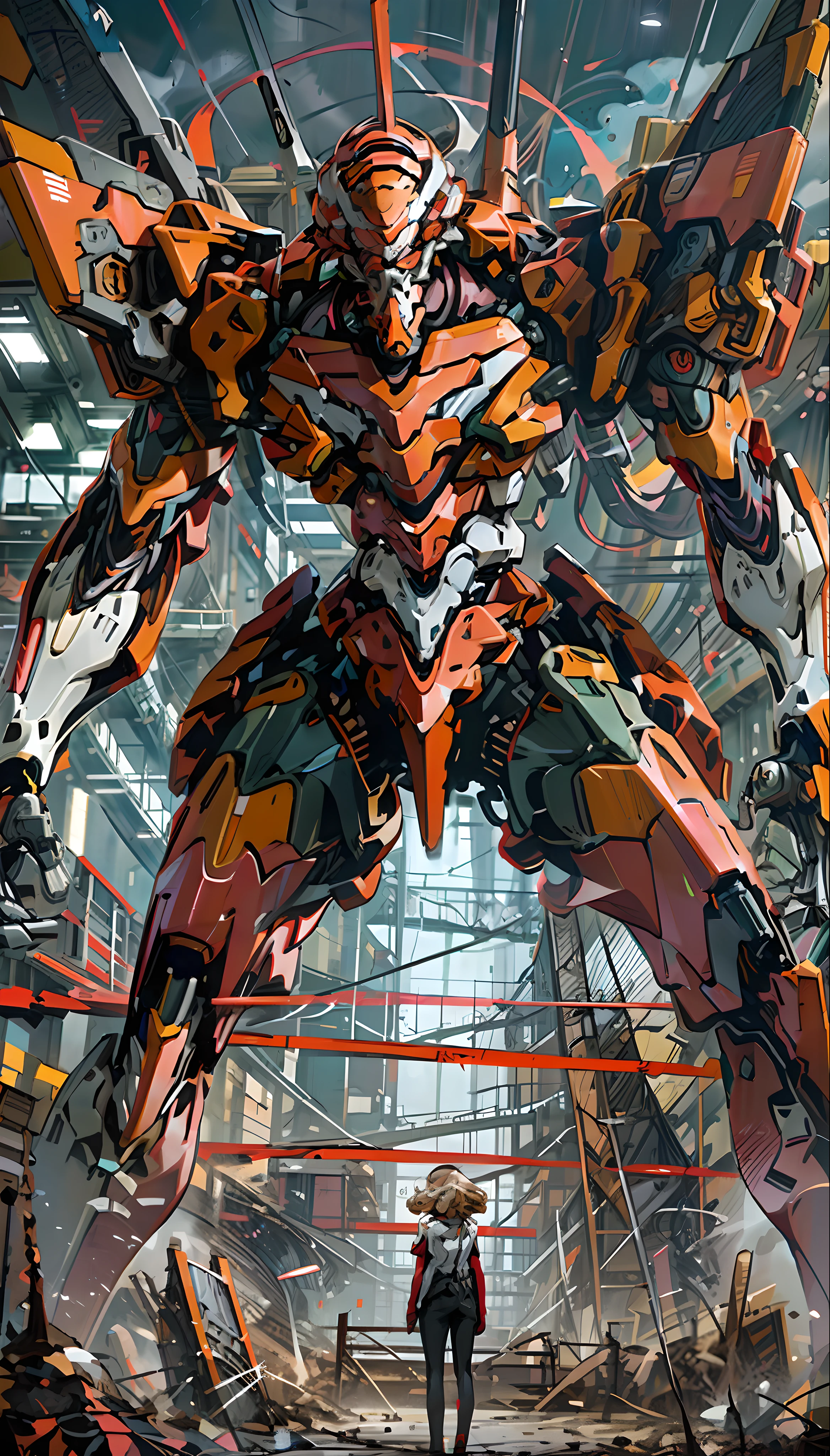 Eva 02, Eva, Evangelion mecha, science fiction, look viewer, (official art, best quality, masterpiece: 1.2), Illustrations, high resolution, beautiful abstract background, futuristic, comic book style, mecha, handheld weapon, lightsaber, depth of field, wide angle,