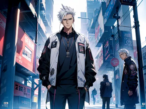 anime - style illustration of a man with white hair and a black jacket standing in a city, best anime 4k konachan wallpaper, dig...