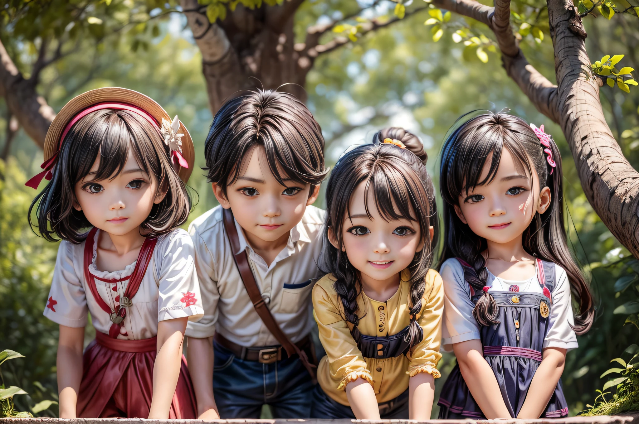 Three young girls are posing for a picture in a park - SeaArt AI