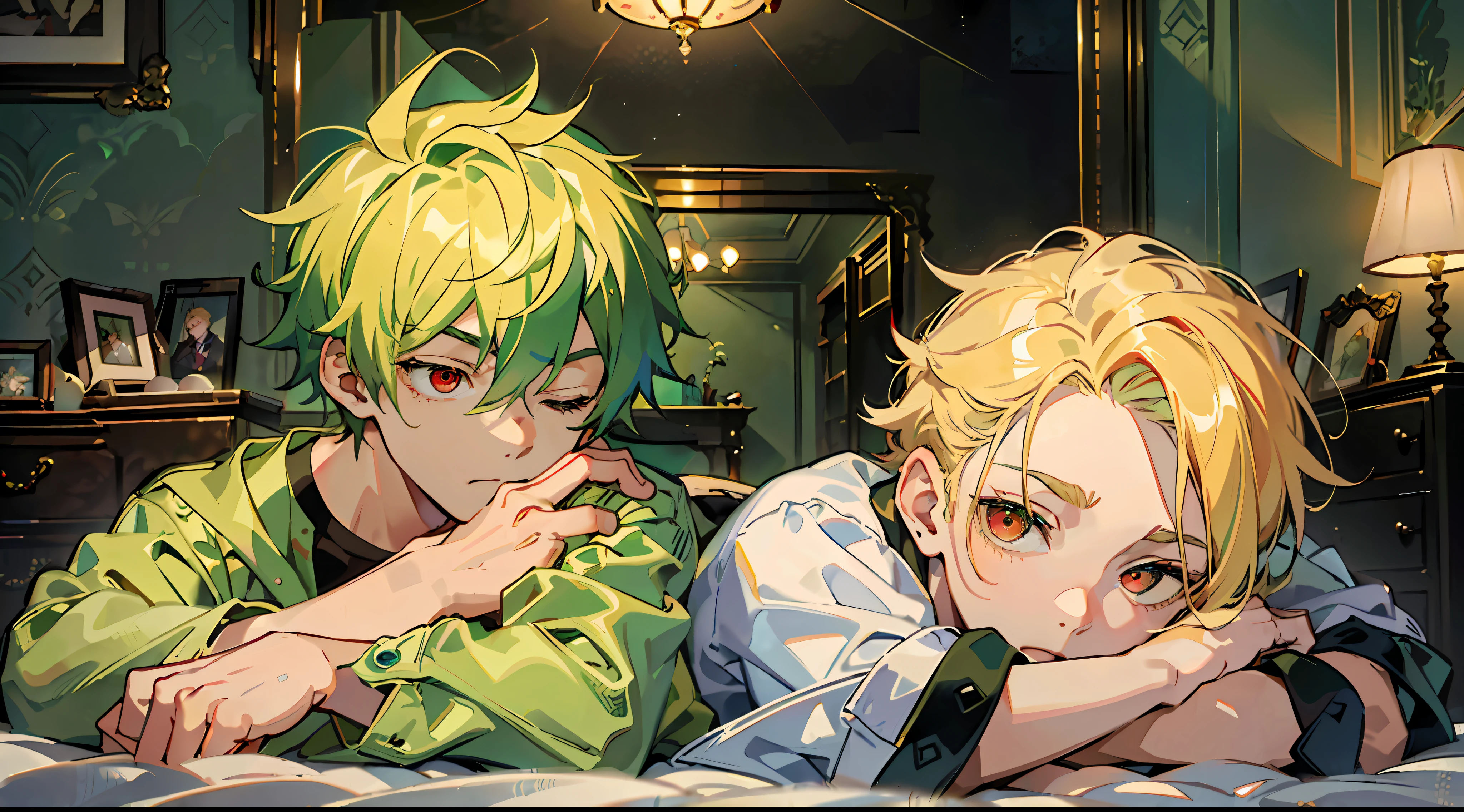 (Masterpiece: 1.4, Best Quality), (Masterpiece, Best Quality)), two boys, (Green Hair and Big Eyes Cute Boy: 1.2), (Blonde Spiked Hair and Red Eyes Good Looking Boy: 1.2), sleeping with their eyes closed on the bed